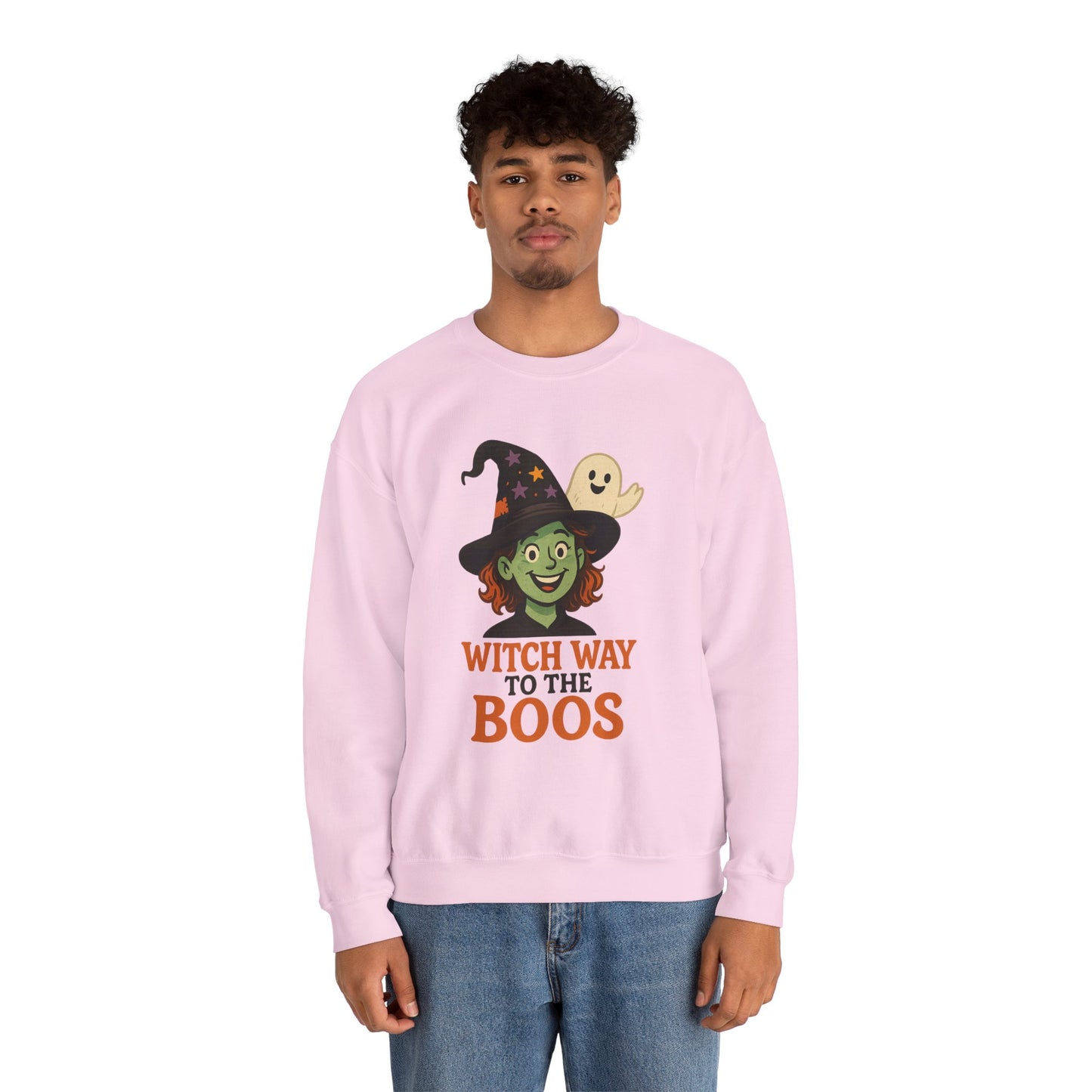 Witch Way To The Boos Sweatshirt, Funny Witch Halloween Crewneck, Witchy Ghost Sweatshirt, Spooky Season Graphic Pullover, Lighthearted Halloween Wear