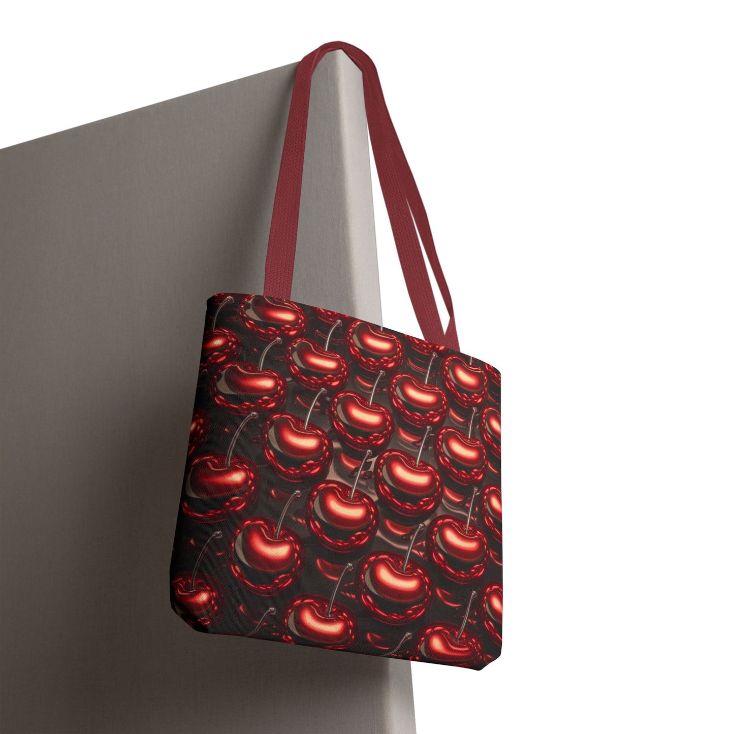 Glossy Cherry Pattern Canvas Tote Bag – Retro Black & Red Cherry Print, Coquette Cottagecore Aesthetic Shopper Tote, Fruit Lover Gift