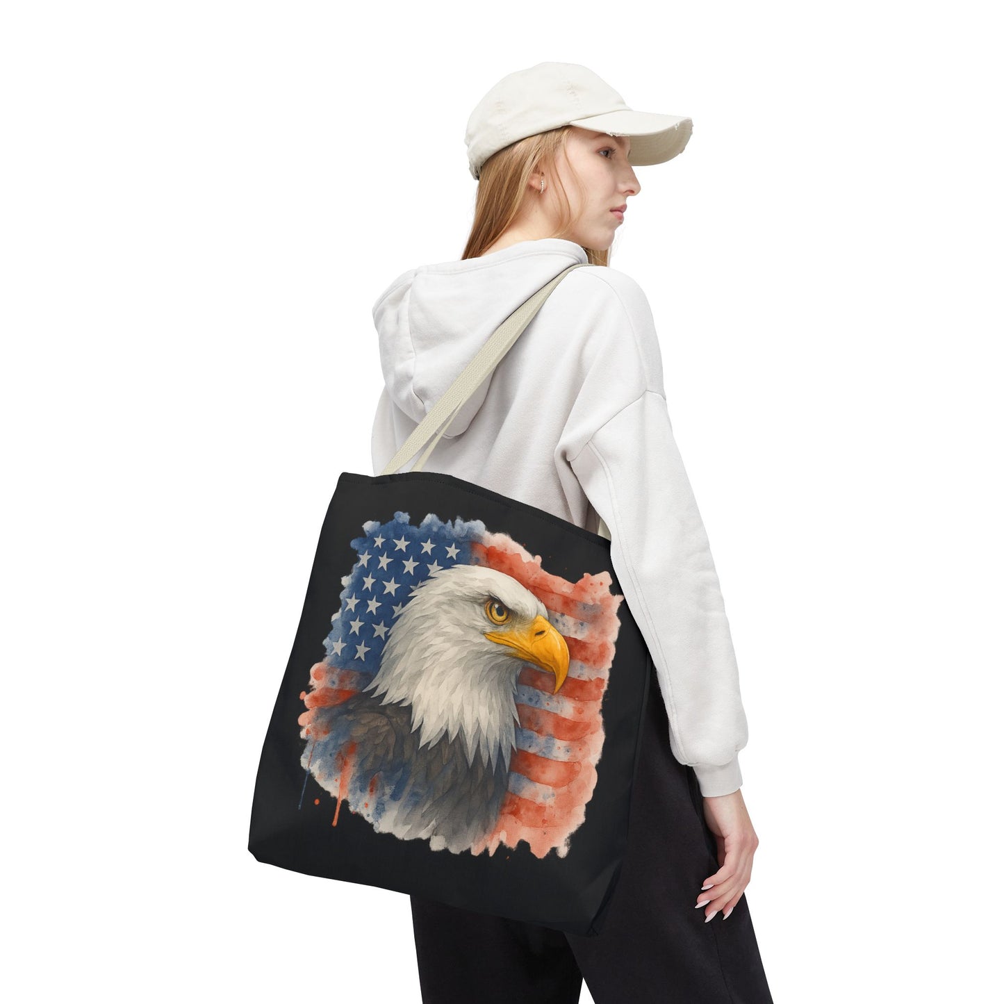 Patriotic Tote Bag with American Flag and Bald Eagle Watercolor Print 4th of July Bag Memorial Day Tote Veteran's Day Tote Bag