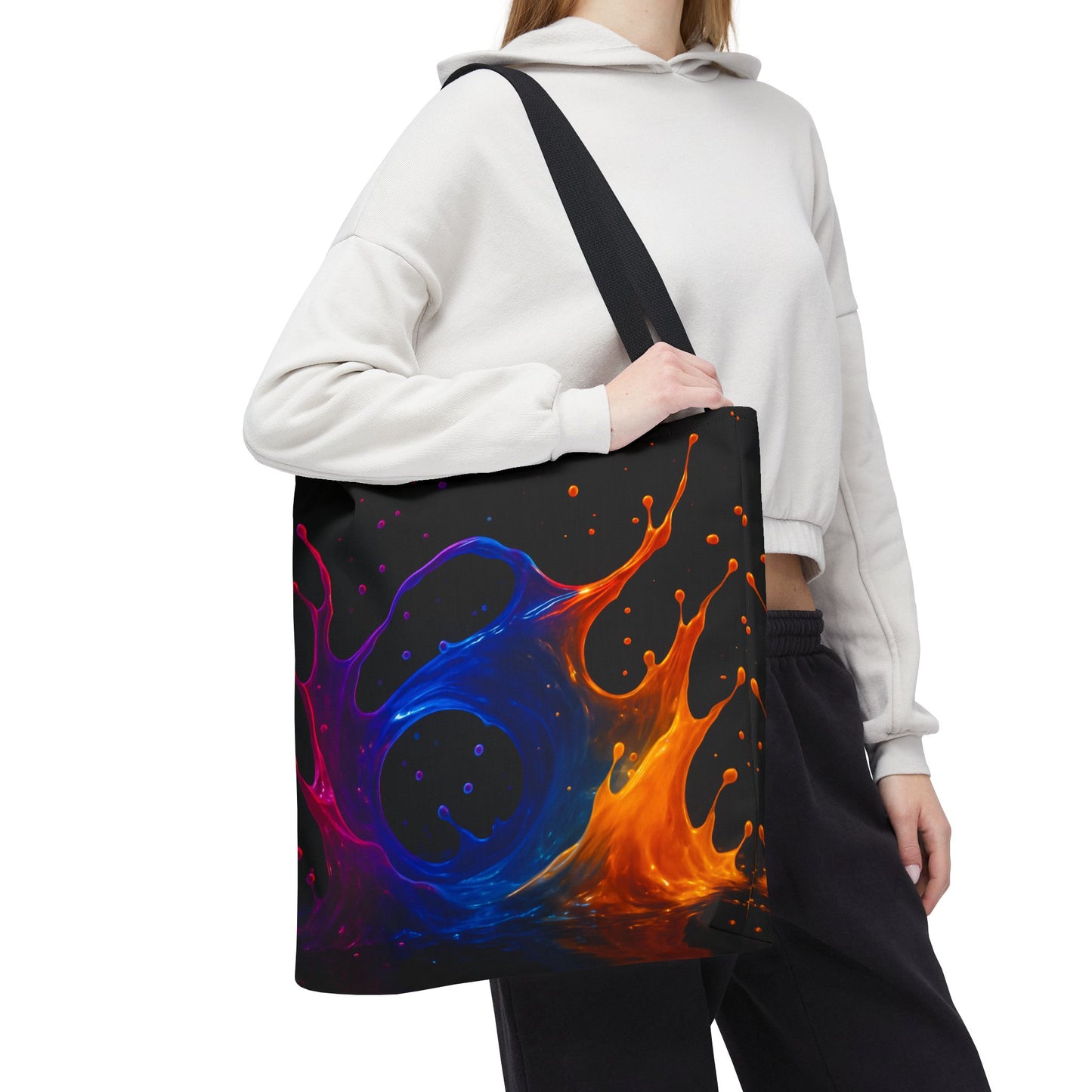 Elemental Fusion Tote Bag, Fire And Water Abstract Art Design, Vibrant Blue And Orange Splash Reusable Tote For Artists, Travel, And Everyday Use