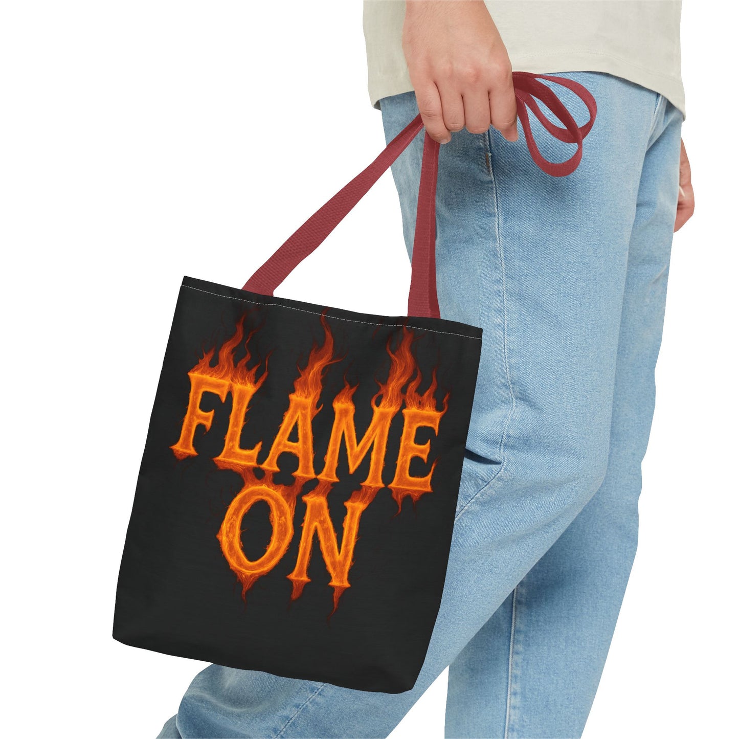 Flame On Tote Bag - Fire Typography Black Bag for Book Lovers, Gym, or Groceries | Bold Comic-Inspired Catchphrase Tote