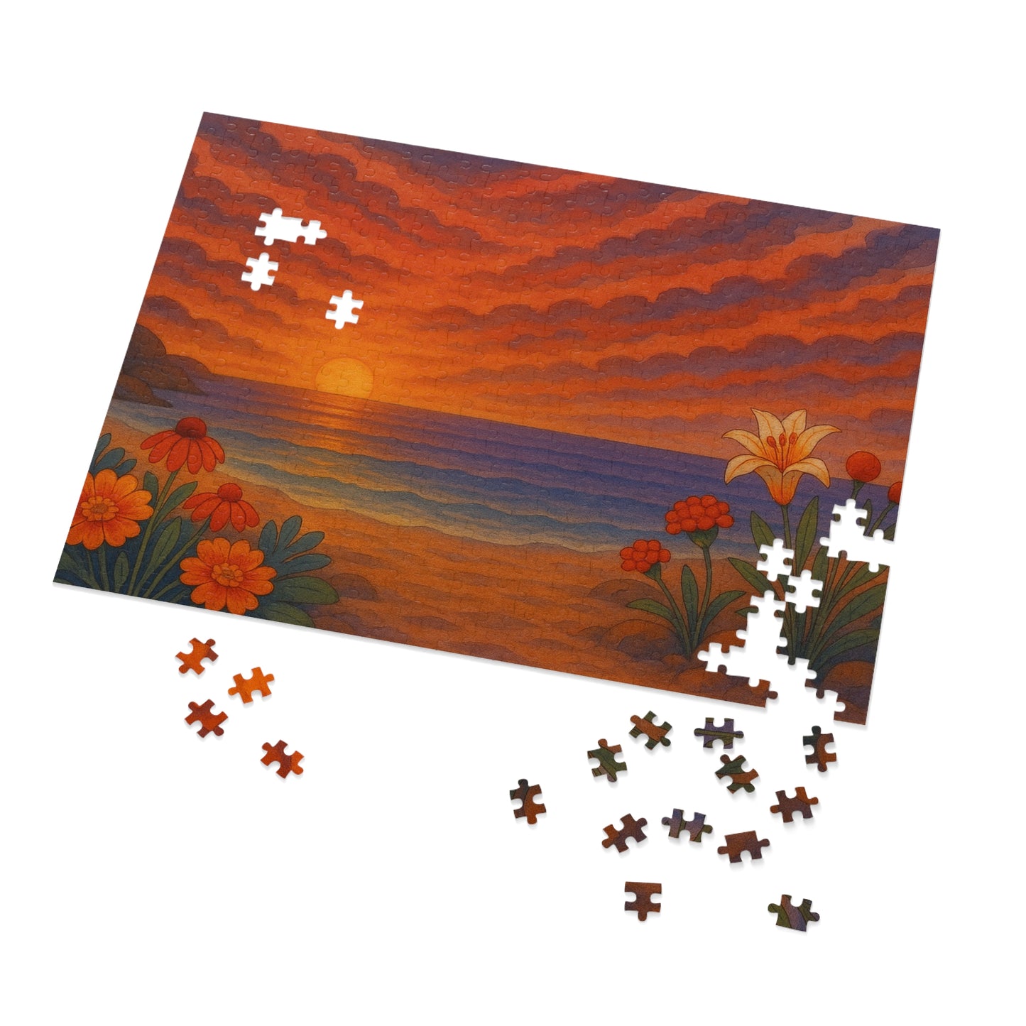 Jigsaw Puzzle: Floral Ocean Sunset Nautical Puzzle Seaside Game Family Fun Night