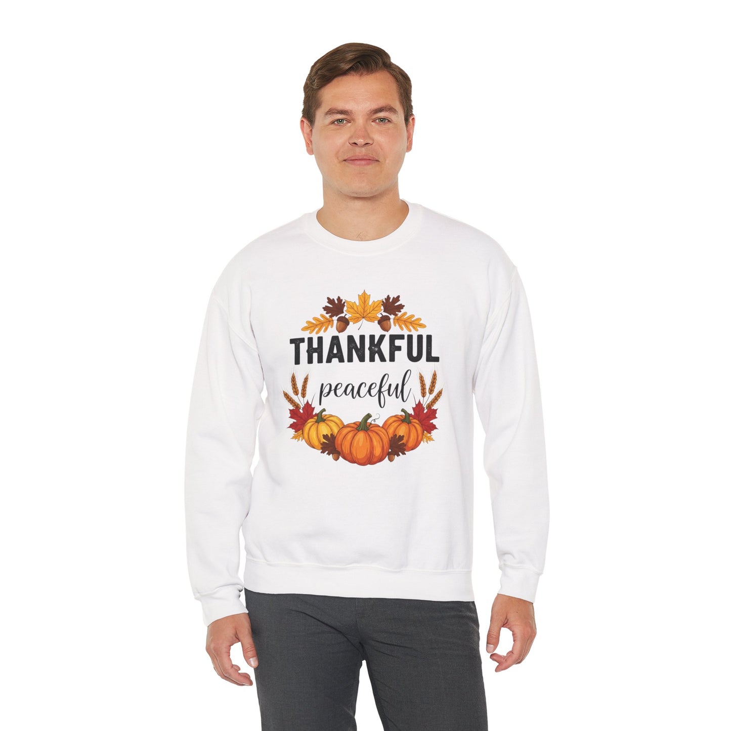 Thankful Peaceful Fall Sweatshirt, Autumn Pumpkin Crewneck, Thanksgiving Sweater, Cozy Seasonal Pullover, Gratitude Gift For Women Men