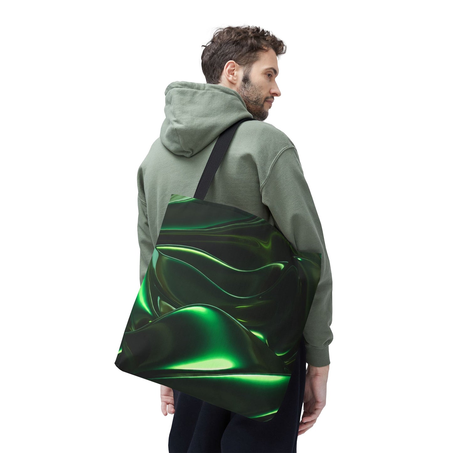 Futuristic Green Tote Bag - Abstract Metallic Wave Art Tote - Glossy Cyber Aesthetic Bag, Techwear Vibes, Edgy Gamer Gift, Trendy Street Style