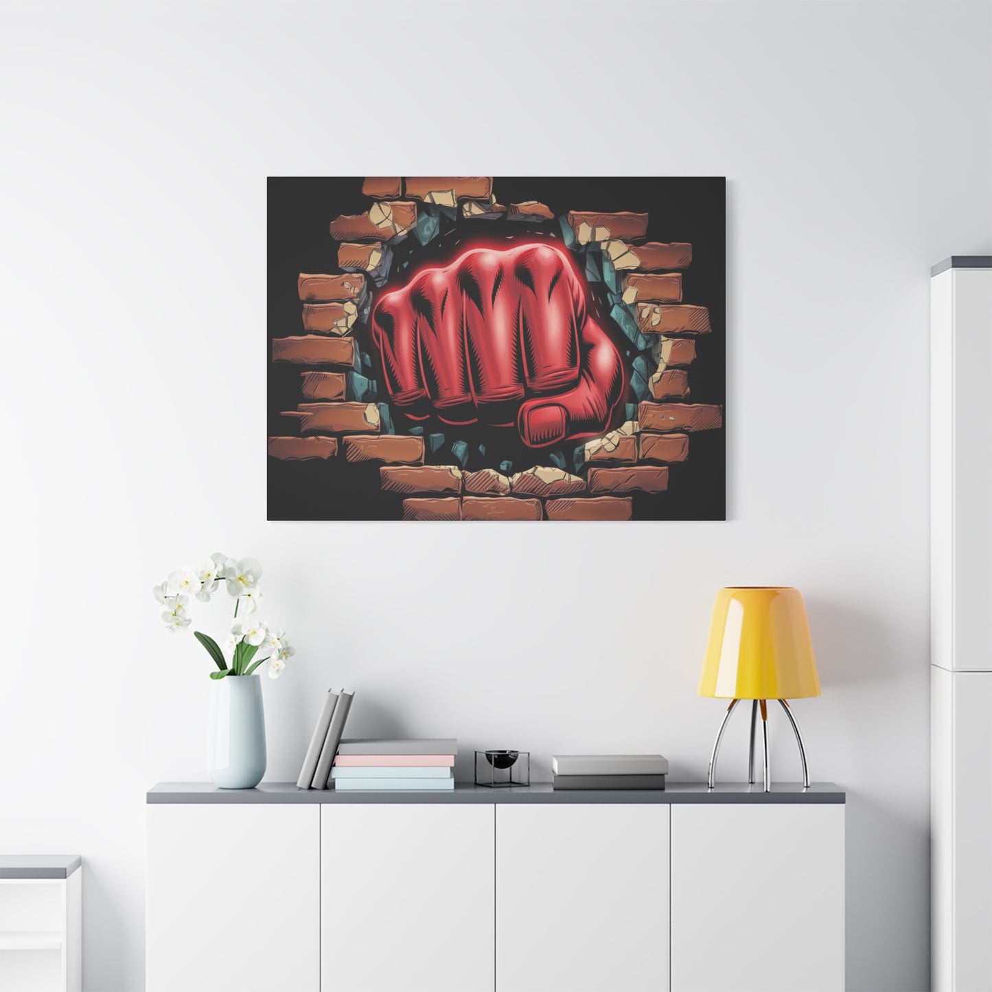 Canvas Wall Art - Red Fist Smashing Through Wall