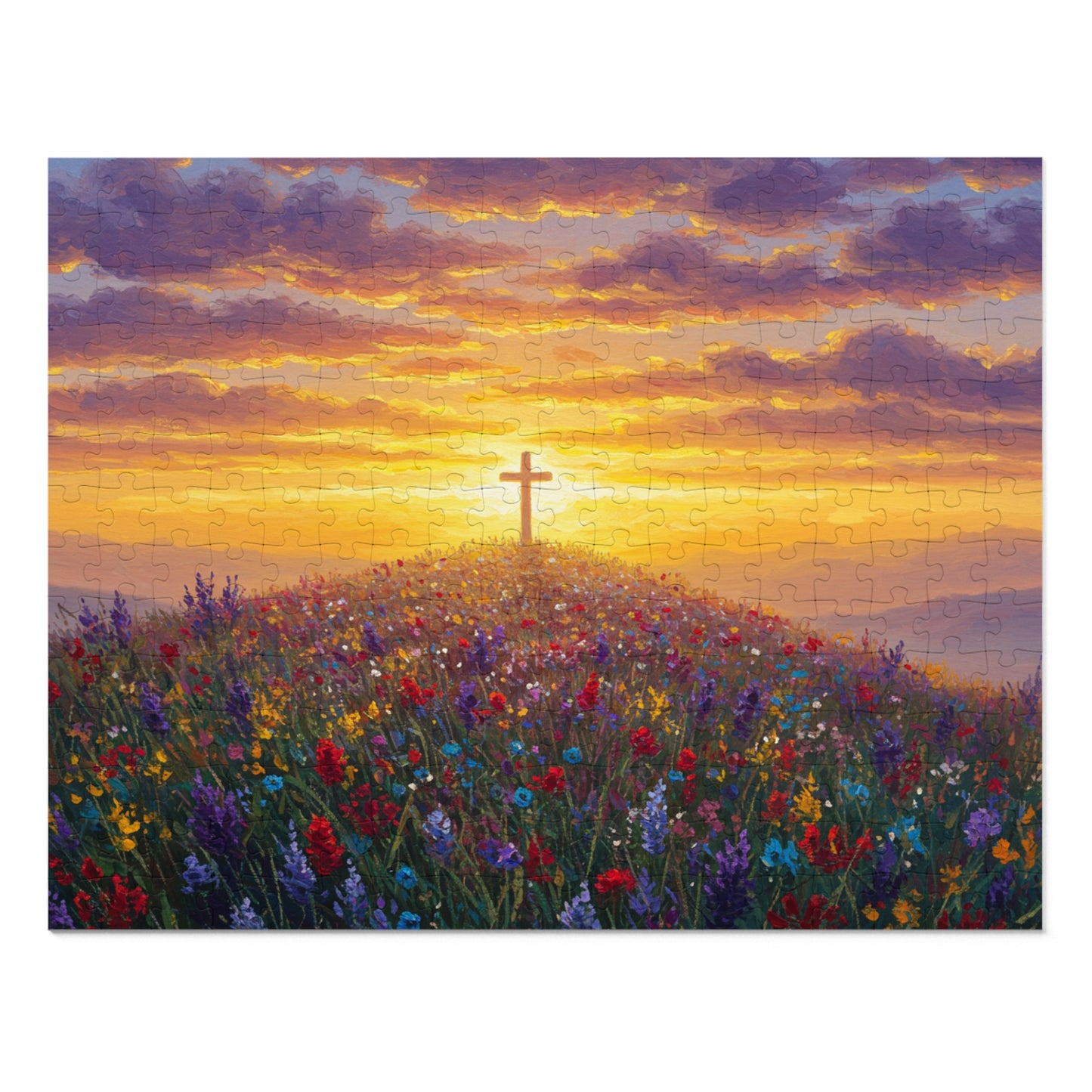 Jigsaw Puzzle: Cross on a Hill Monet Style Christian Game Cross Puzzle Inspirational Decor