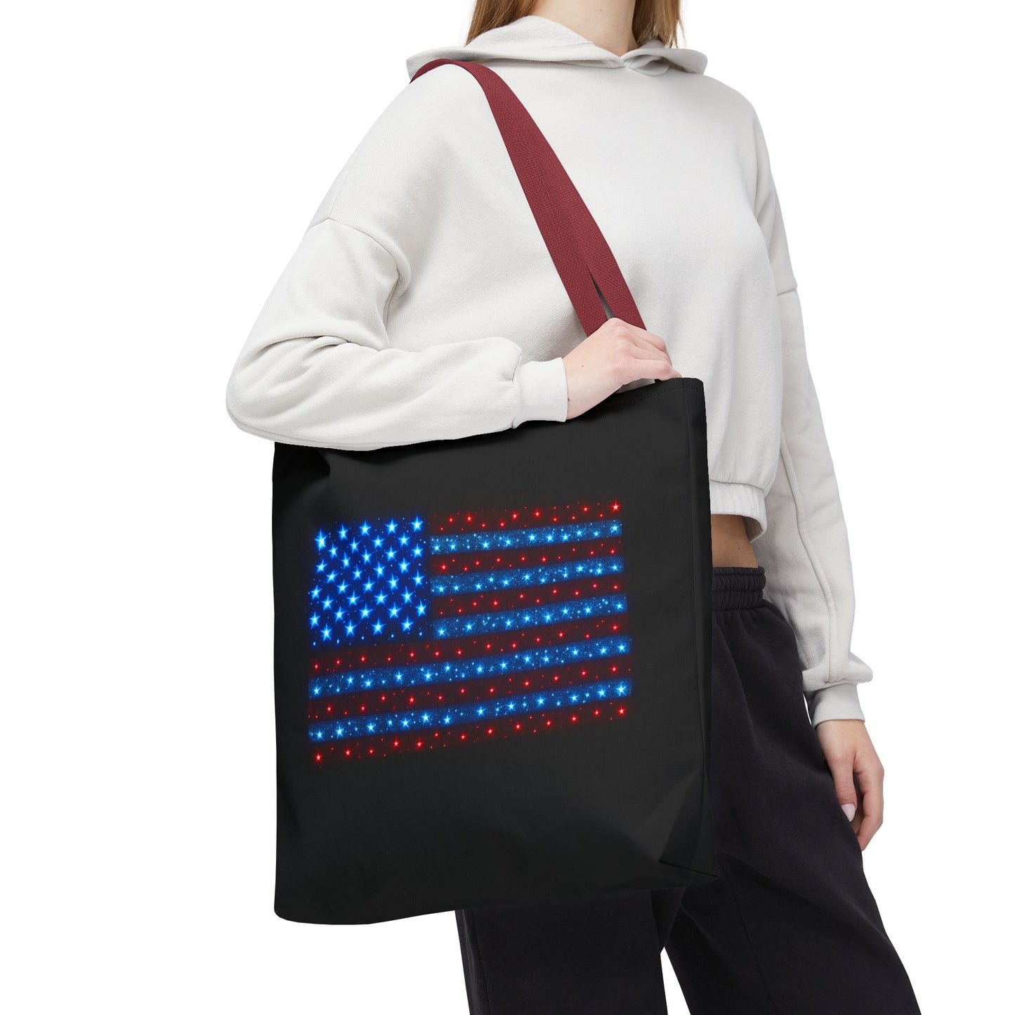 Galaxy Bioluminescent USA Flag Tote Bag - Patriotic Cosmic Canvas Shopper - Starry Red White Blue Tote Non-Glow - 4th July Gift