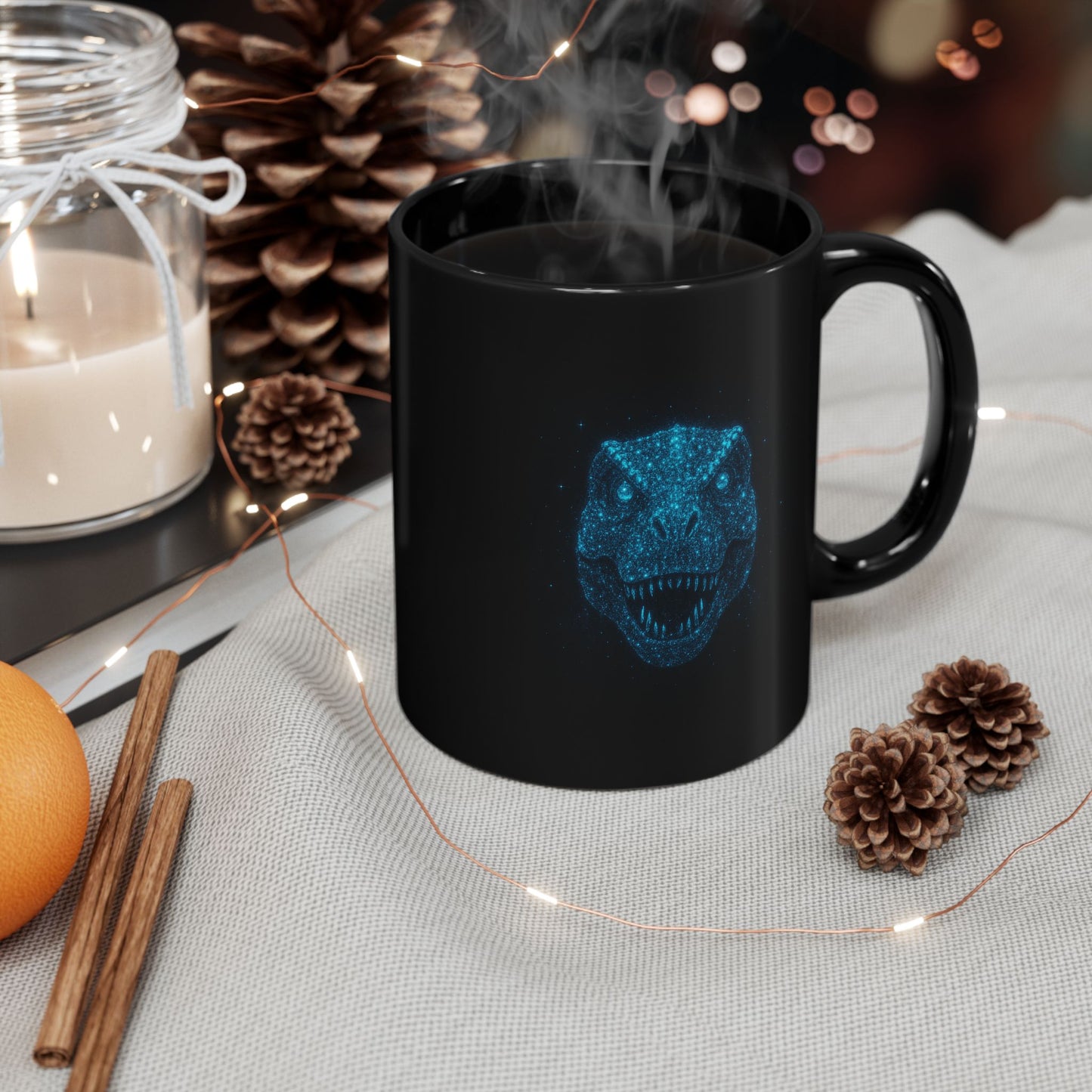 Galaxy Dinosaur Coffee Mug • Neon Blue T-Rex Cup • Cosmic Dinosaur Art Mug • Sci-Fi Dino Gift • Black Ceramic Coffee Mug 11oz 15oz
