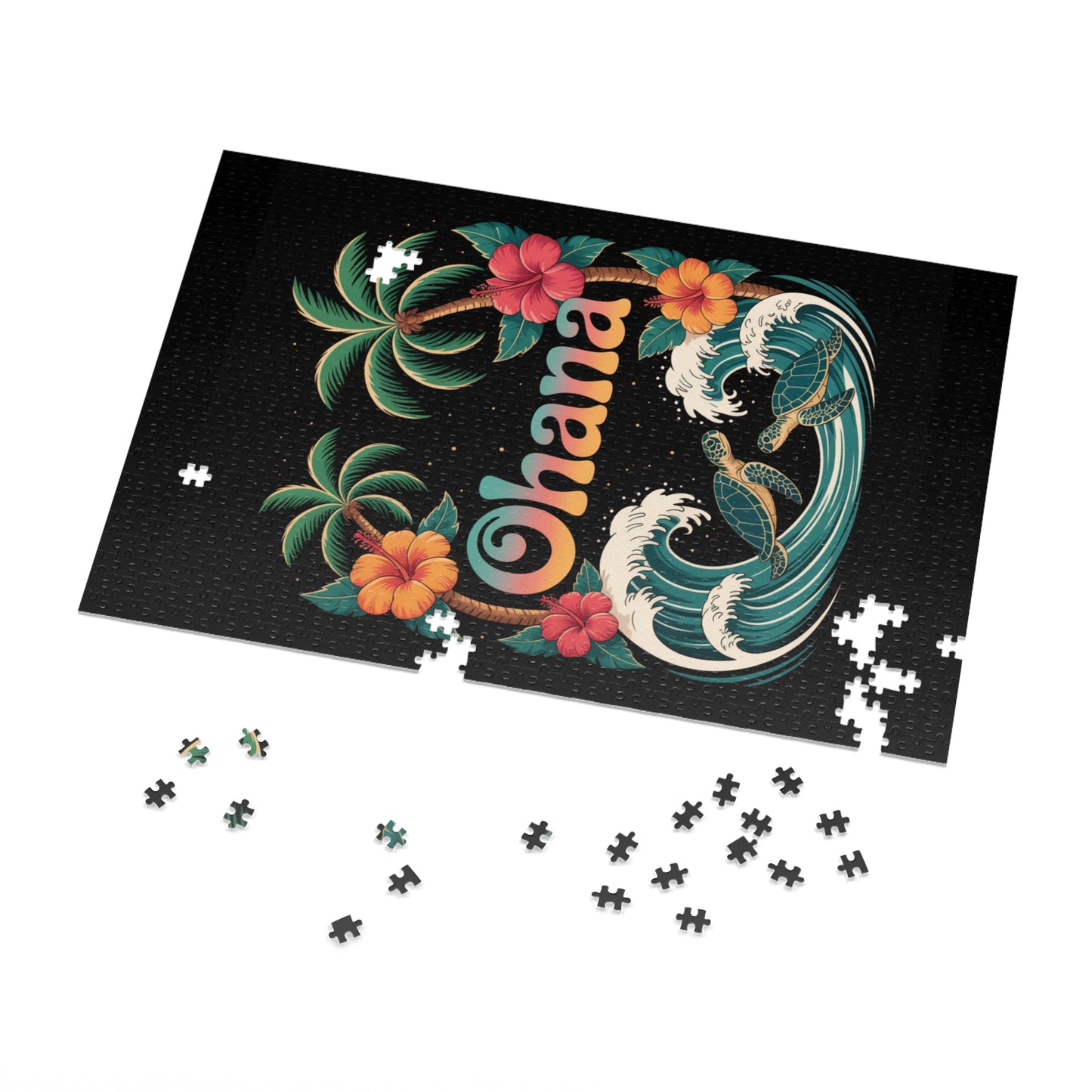 Ohana Jigsaw Puzzle - Retro Hawaiian Sea Turtle & Palm Tree Puzzle for Family Fun, Gift, or Decor - Tropical Beach Aesthetic Puzzle