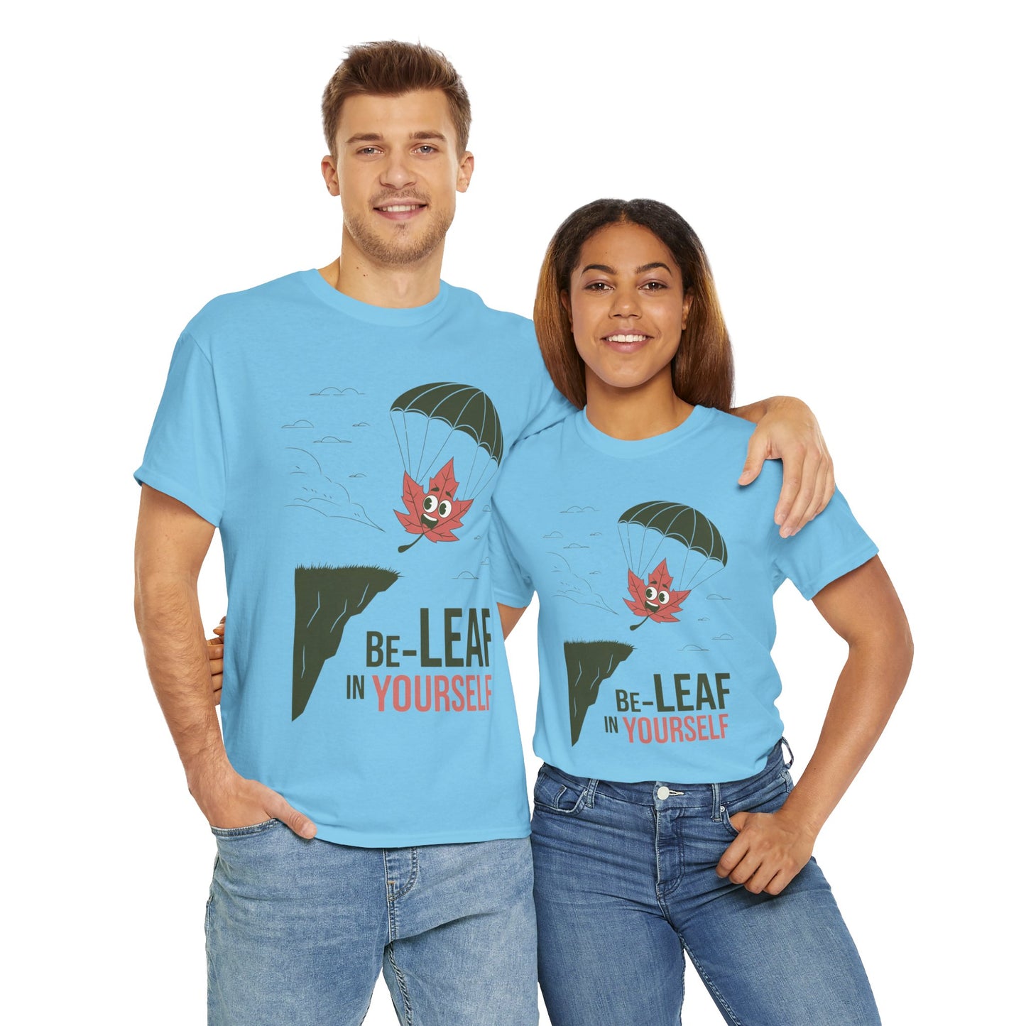 Be-Leaf In Yourself Maple Leaf Parachute T-Shirt | Funny Motivational Nature Graphic Tee | Self-Love Fall Autumn Shirt | Outdoorsy Gift