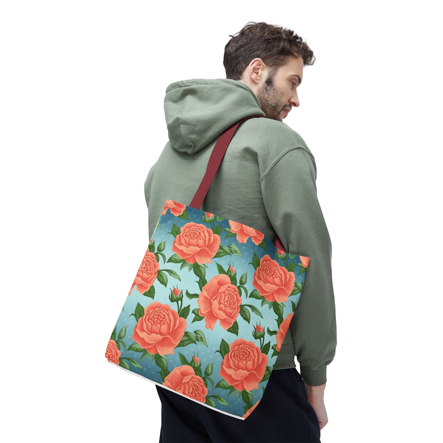 Vintage Floral Tote Bag – Coral Rose Pattern on Blue Background – Aesthetic Everyday Carry Bag – Reusable Fabric Market Tote Gift