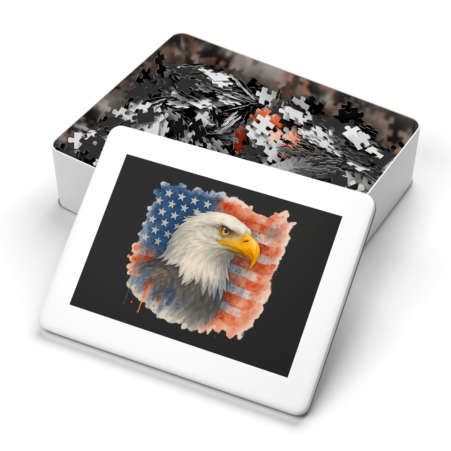 Eagle American Flag Jigsaw Puzzle with Tin Memorial Day Puzzle 4th of July Game Veteran's Day Jigsaw