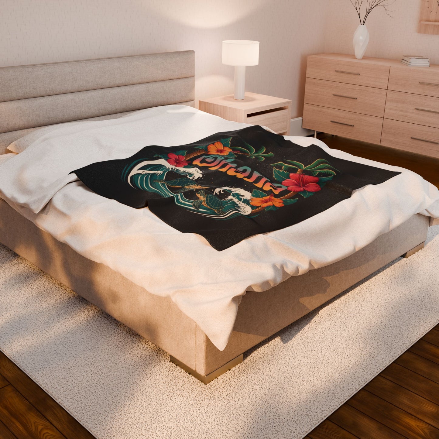 Ohana Hawaiian Turtle Blanket - Tropical Beach Throw with Palm Trees & Hibiscus - Cozy Coastal Decor Gift - Soft Summer Bed Blanket