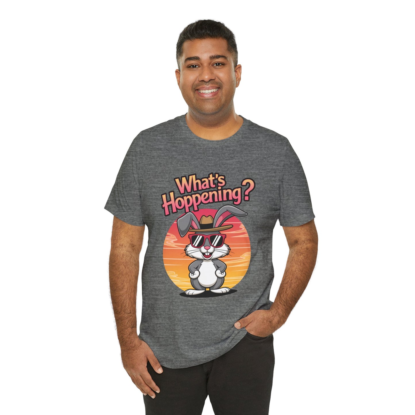 What’s Hoppening Funny Bunny Shirt – Cute Rabbit Pun T-Shirt – Sunset Graphic Tee for Animal Lovers, Easter, and Pun Enthusiasts