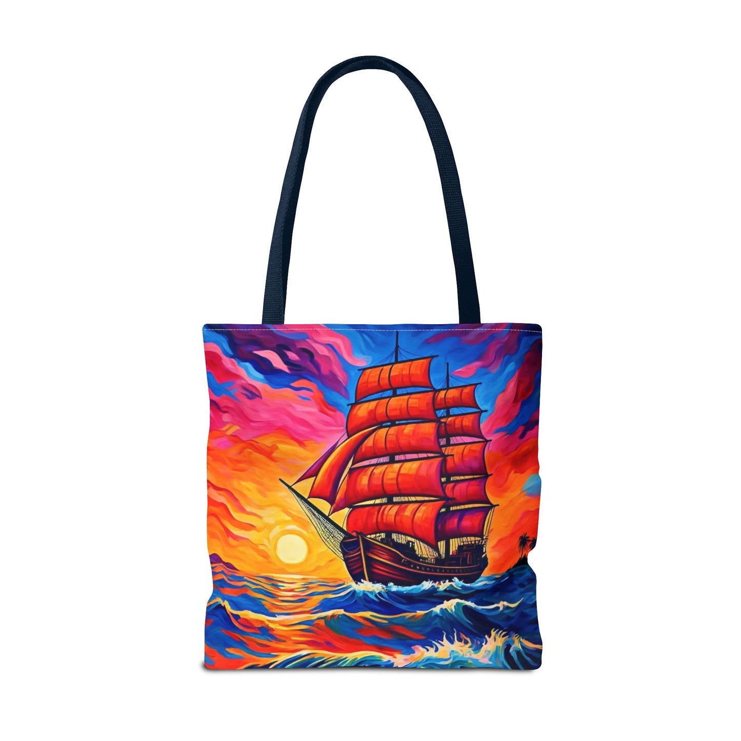 Crimson Voyage Tote Bag, Red Sailboat At Sunset Artistic Ocean Design, Nautical Reusable Tote For Beach, Travel, And Everyday Use