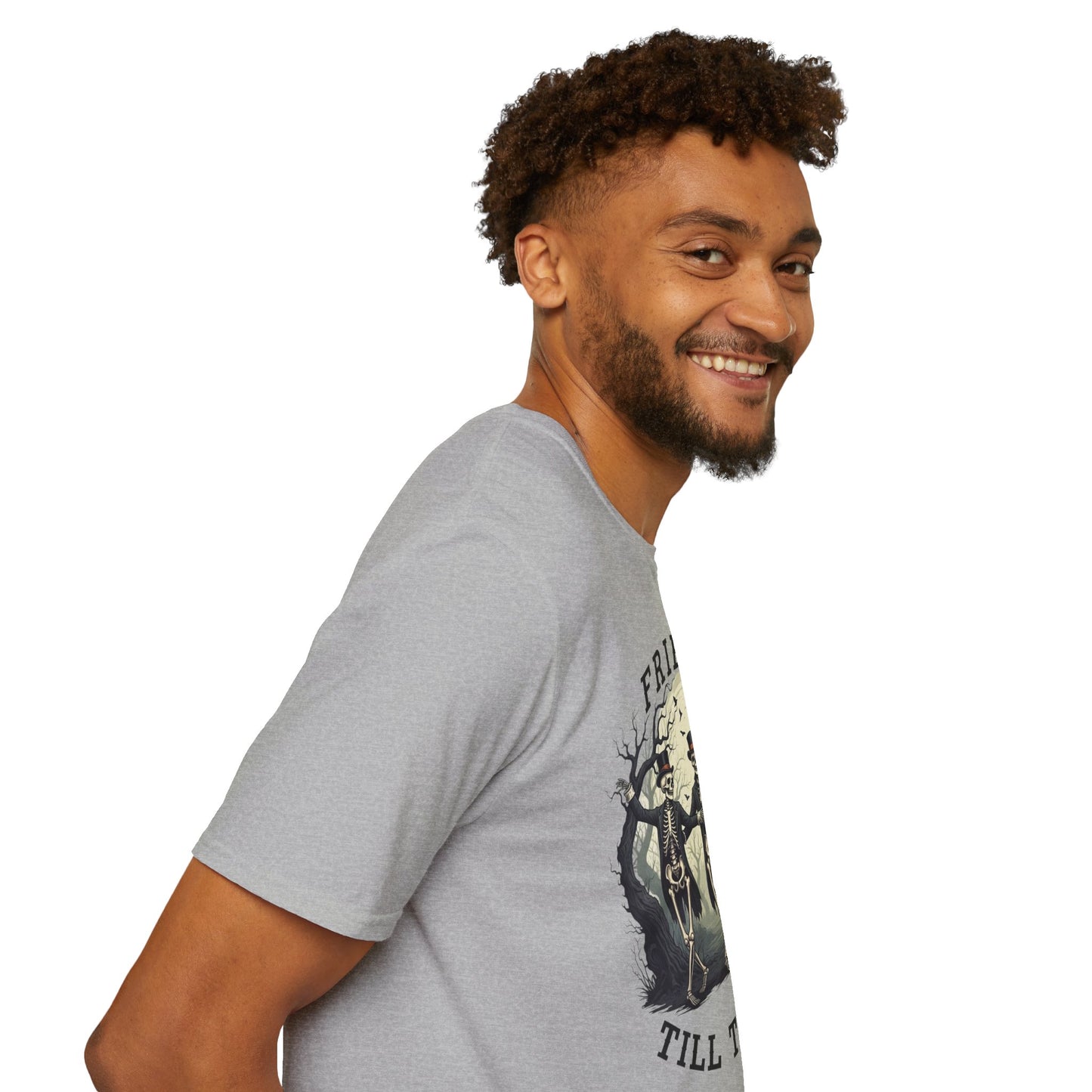 Friends Till The End Skeleton Tee | Dancing Skeleton Friends Shirt | Halloween Gothic BFF Gift | Unisex Heather Grey Graphic T-Shirt