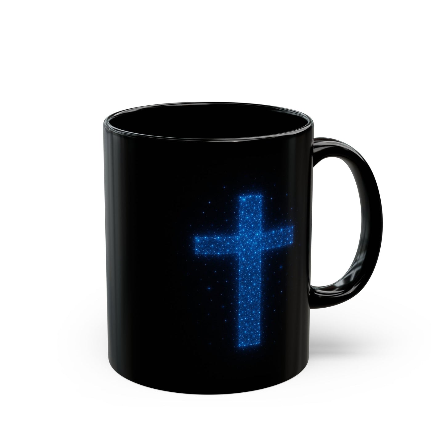 Celestial Cross Mug – Blue Starry Christian Coffee Cup – Faith Based Black Ceramic Mug with Cosmic Cross Design | Religious Gift Idea