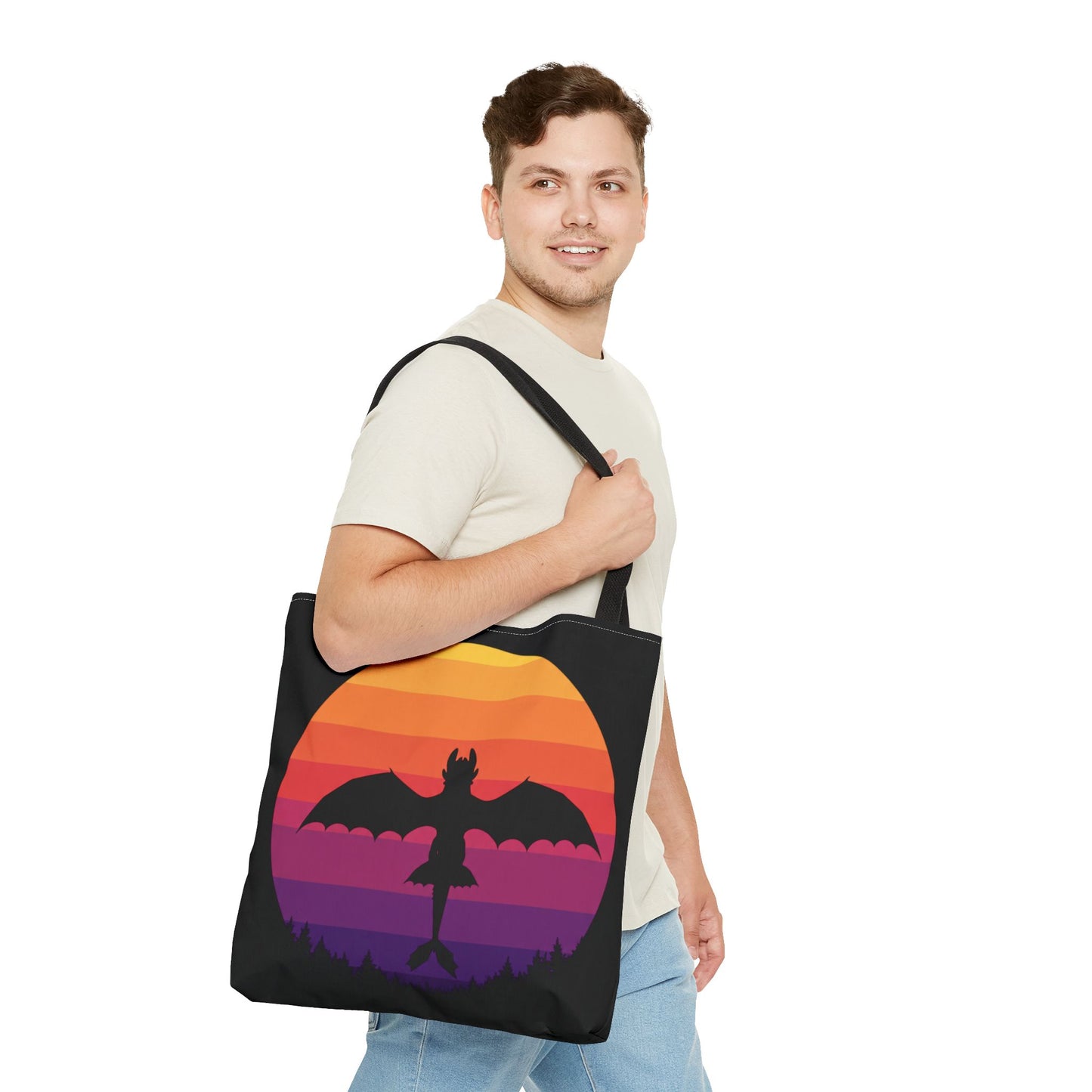 Sunset Dragon Flight Tote Bag, Reusable Eco-Friendly Shoulder Bag With Silhouette Design, Aesthetic Black Tote For Everyday Use And Gifts