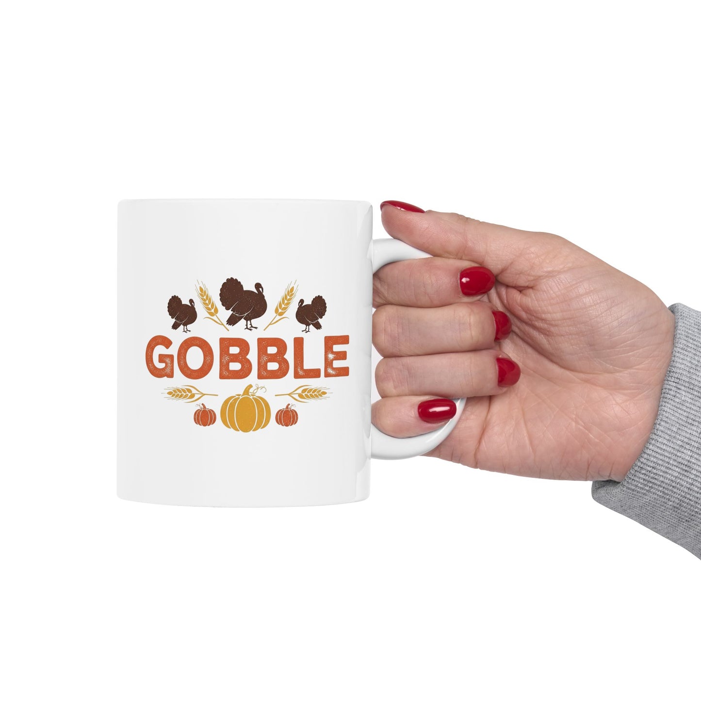 Gobble Thanksgiving Mug, Fall Turkey Coffee Cup With Pumpkins And Harvest Design, Festive Autumn Ceramic Mug For Holiday Decor And Gifts
