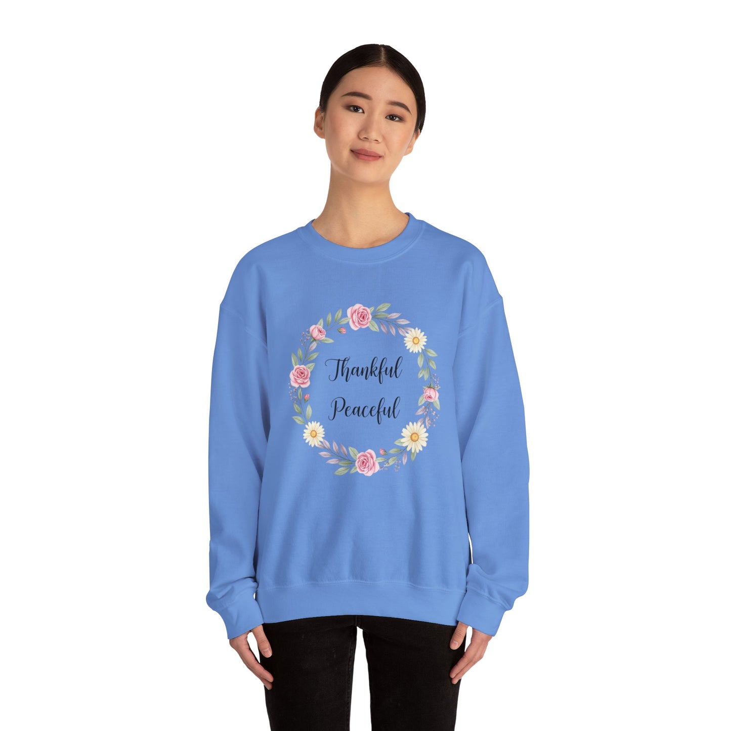 Thankful Peaceful Sweatshirt, Floral Wreath Crewneck, Inspirational Quote Sweater, Positive Message Pullover, Uplifting Gift For Women