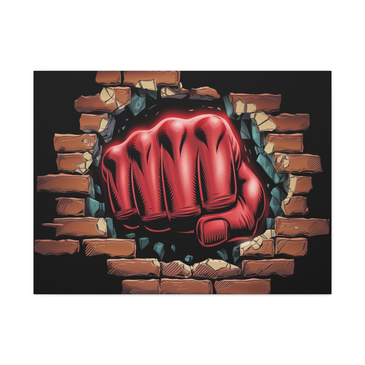 Canvas Wall Art - Red Fist Smashing Through Wall