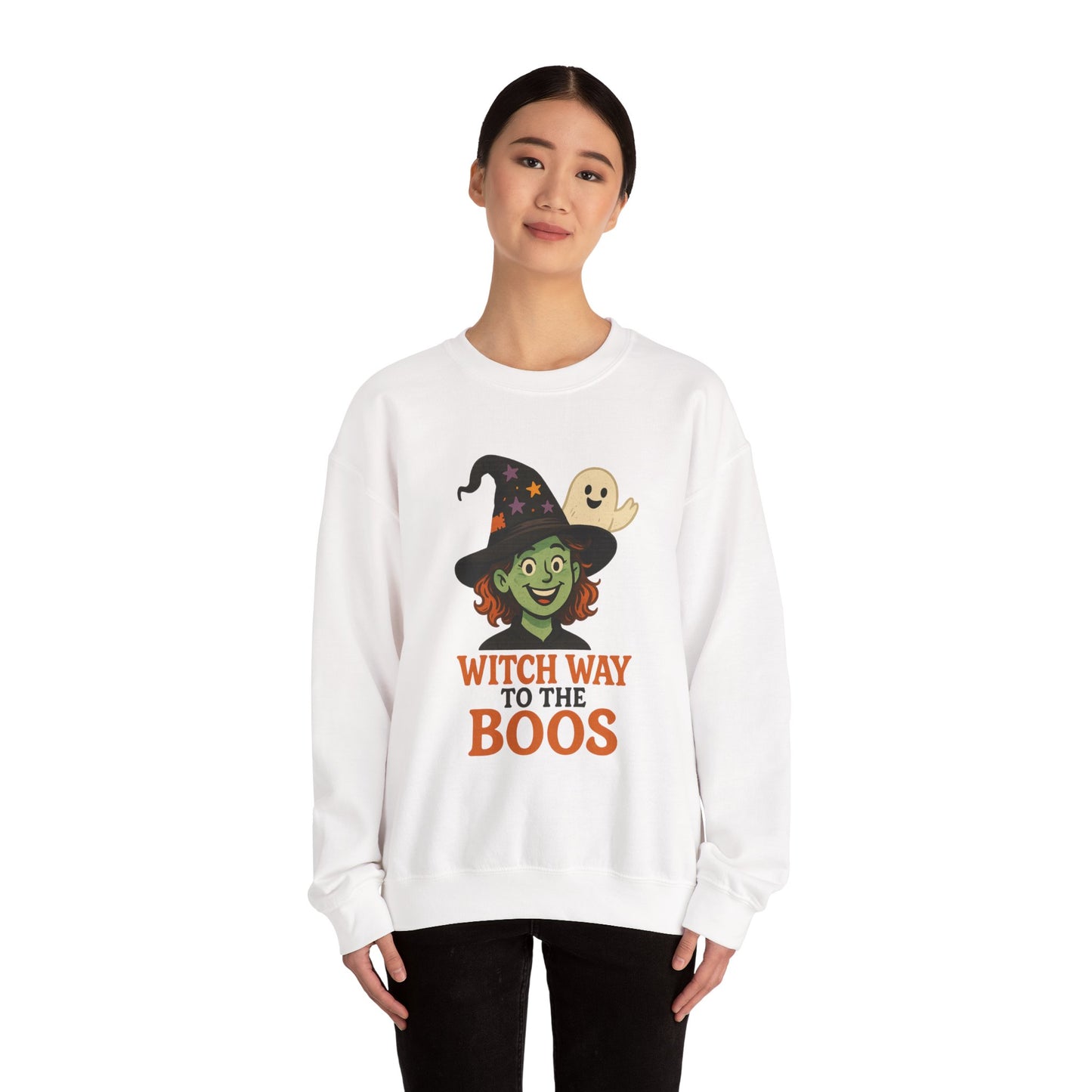 Witch Way To The Boos Sweatshirt, Funny Witch Halloween Crewneck, Witchy Ghost Sweatshirt, Spooky Season Graphic Pullover, Lighthearted Halloween Wear