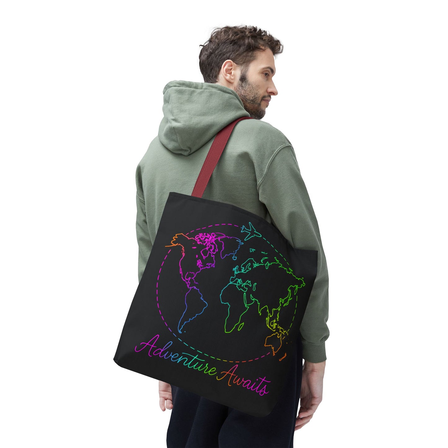 Adventure Awaits Neon Tote Bag - Y2K Rainbow World Map and Plane Travel Tote, Reusable Canvas Tote for Airport, Beach, Market + Gift