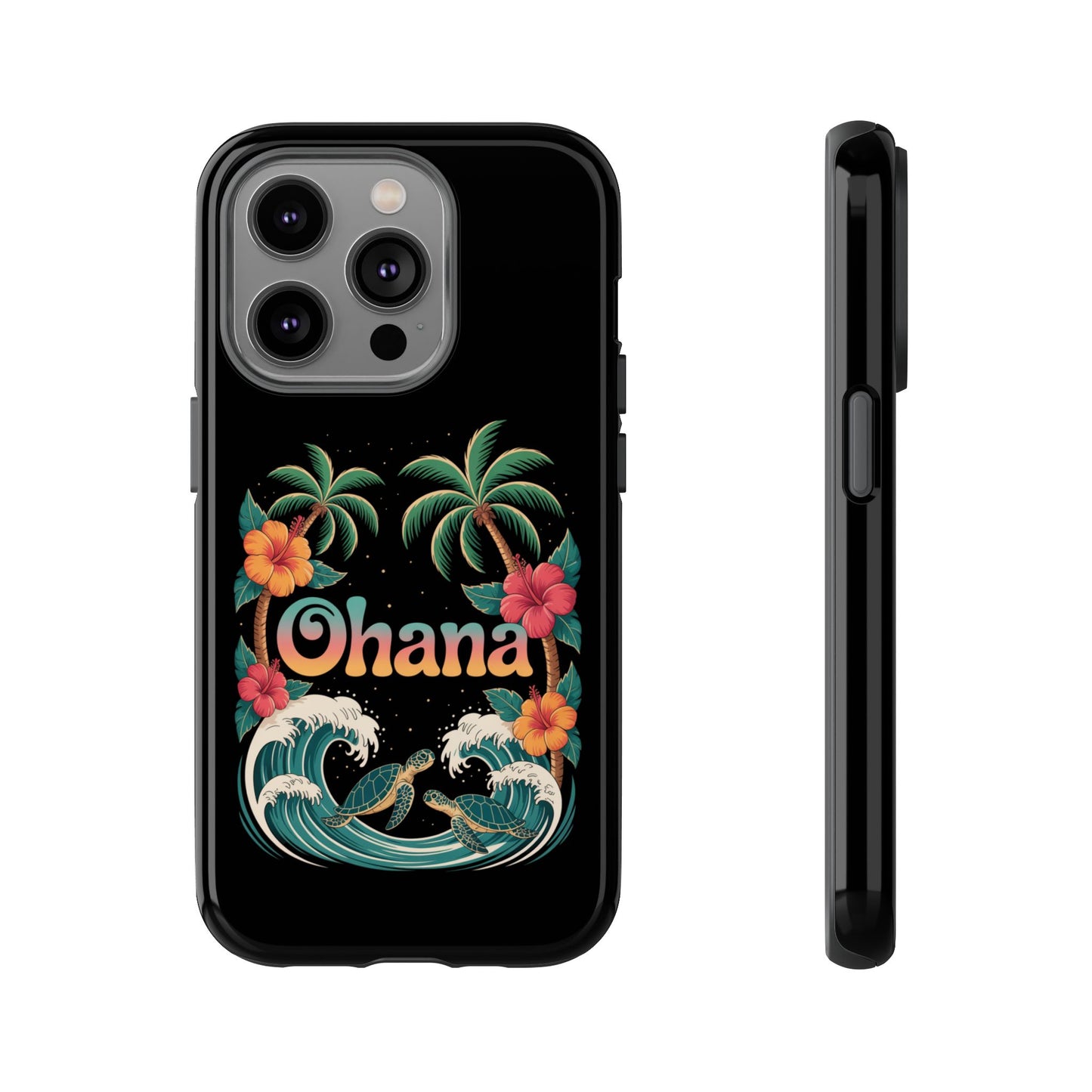 Tropical Ohana iPhone Case - Beach Vibes Cover with Palms, Hibiscus and Turtles - Rugged and Glossy Summer Phone Protector