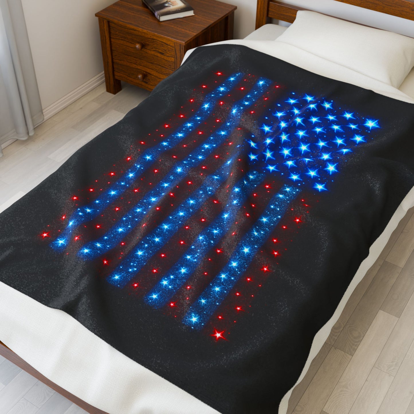Starry Bioluminescent USA Flag Plush Blanket - Velveteen Patriotic Throw - 4th July Cozy Home Decor - Modern Stars and Stripes Throw