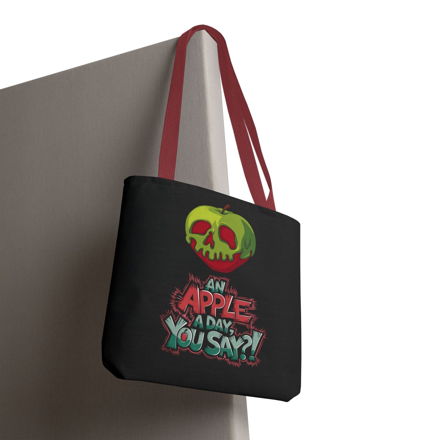 Spooky Halloween Tote Bag – Poison Apple Design – Funny Gothic Tote – Trick or Treat Bag – Creepy Apple Pun Gift – Black Tote Bag