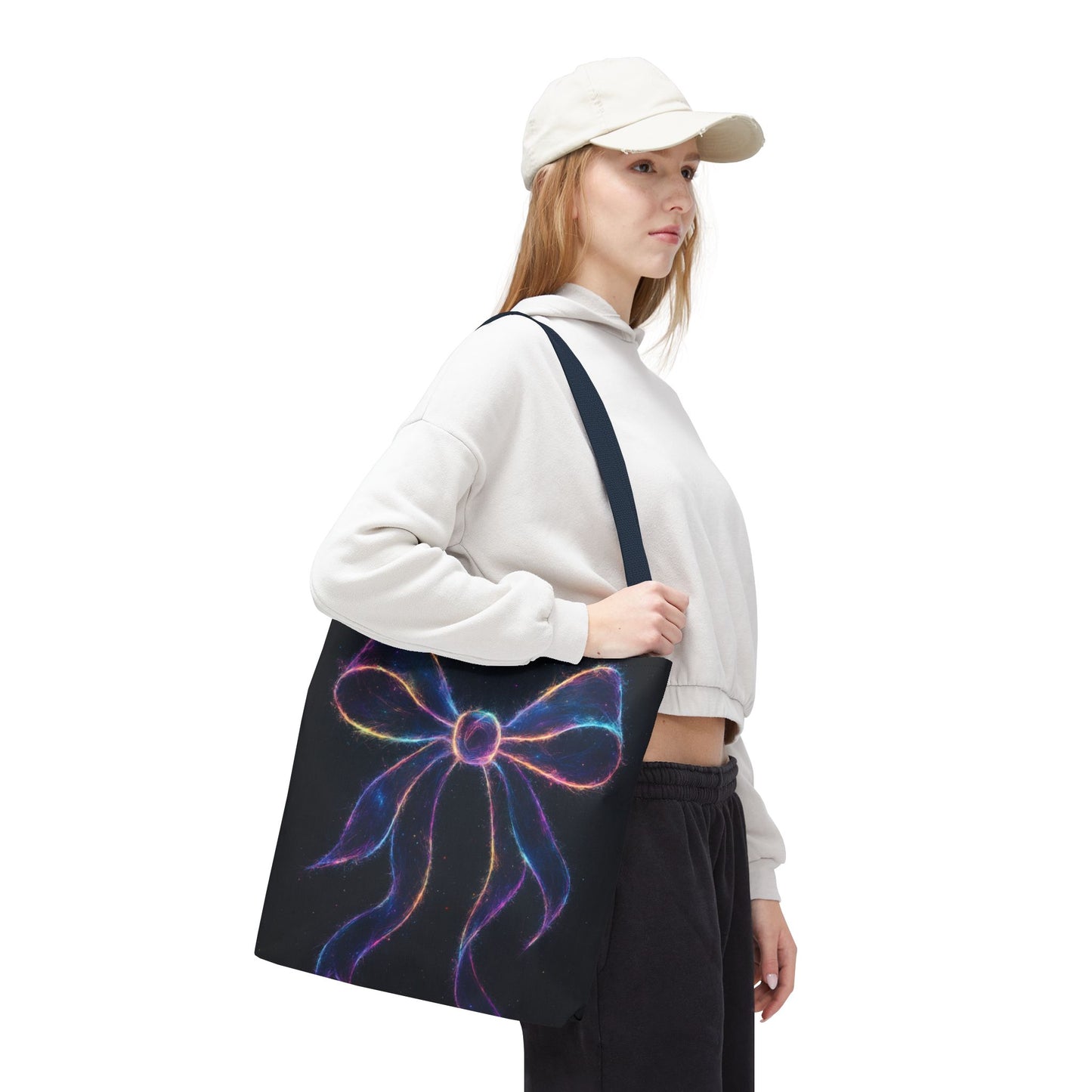 Galaxy Glow Bow Tote Bag, Cosmic Neon Ribbon Design, Black Space Art Bag, Celestial Gift For Her, Stylish Reusable Everyday Tote