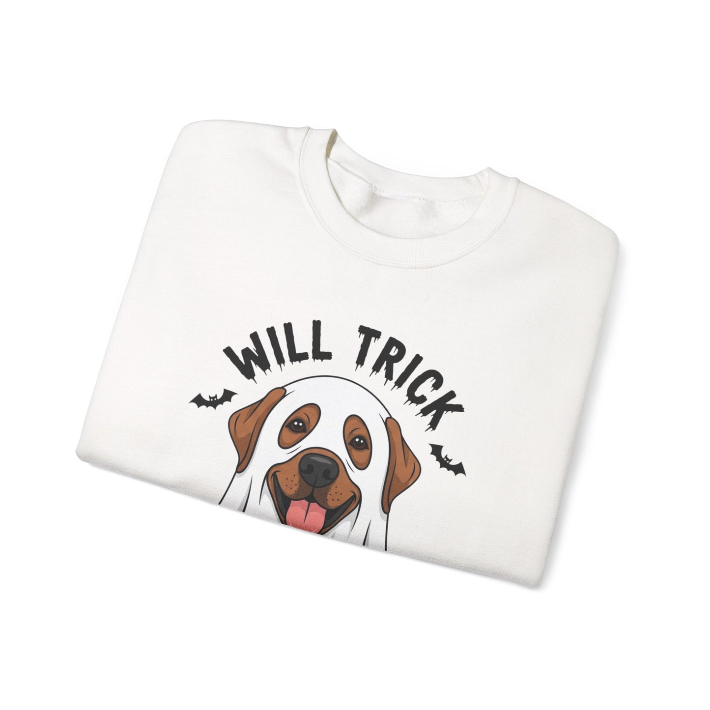 Will Trick for Treat Sweatshirt, Ghost Dog Halloween Crewneck, Funny Pet Costume Graphic Pullover, Trick-or-Treat Dog Lover Gift Sweater
