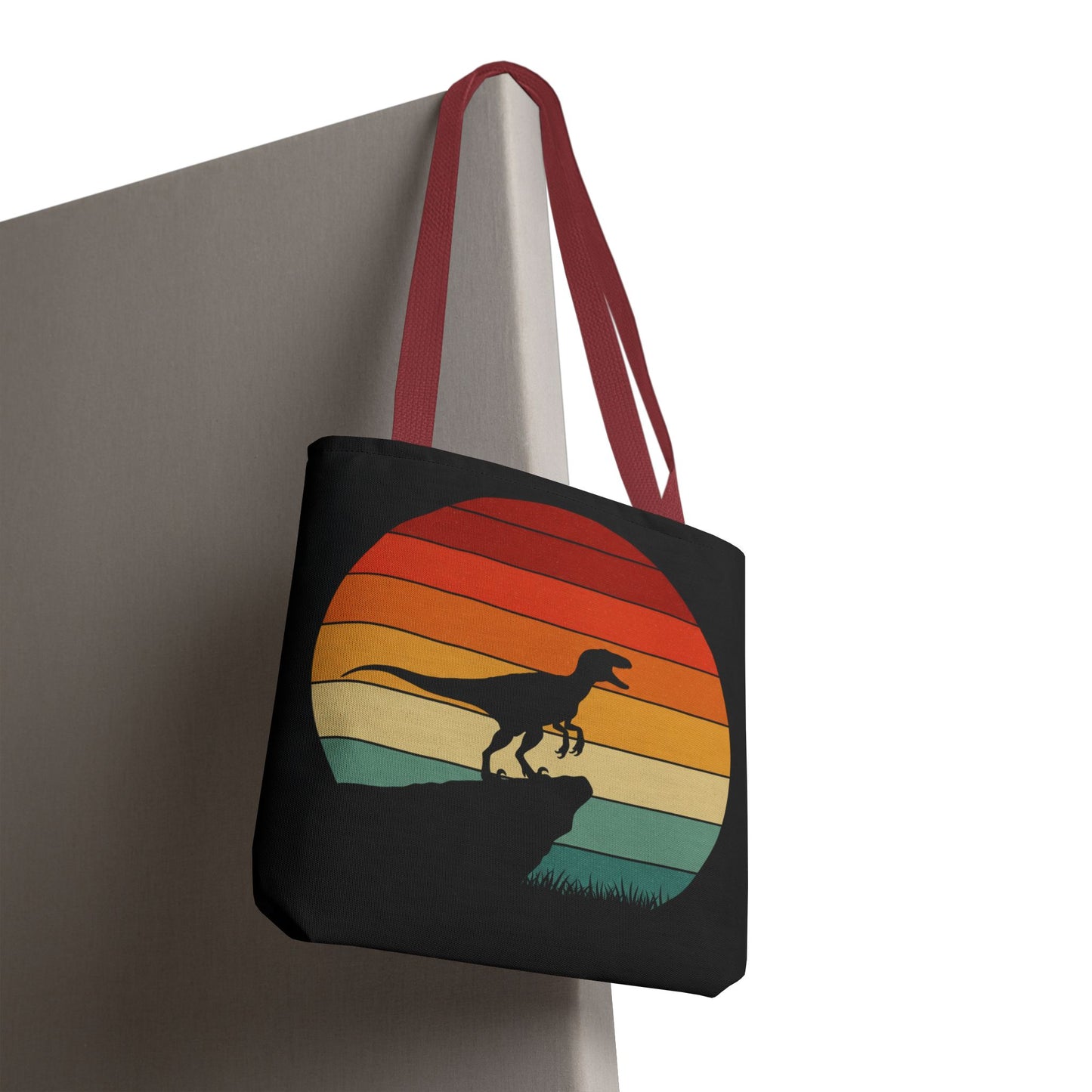 Retro Dino Sunset Tote Bag - Eco Canvas Dinosaur Beach Bag | Sustainable and Stylish Camping, Dino Lover Gift, Reusable Market Tote
