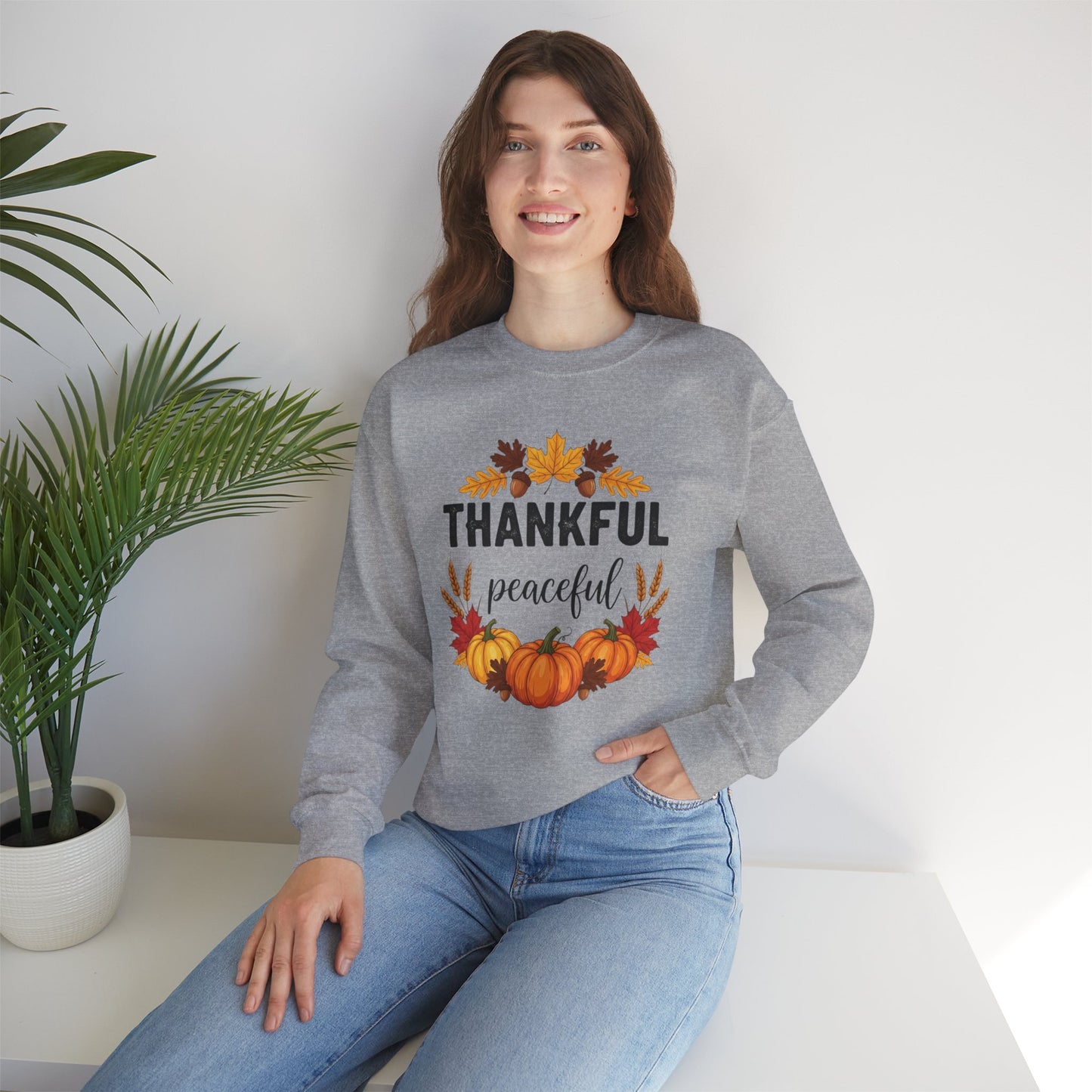 Thankful Peaceful Fall Sweatshirt, Autumn Pumpkin Crewneck, Thanksgiving Sweater, Cozy Seasonal Pullover, Gratitude Gift For Women Men