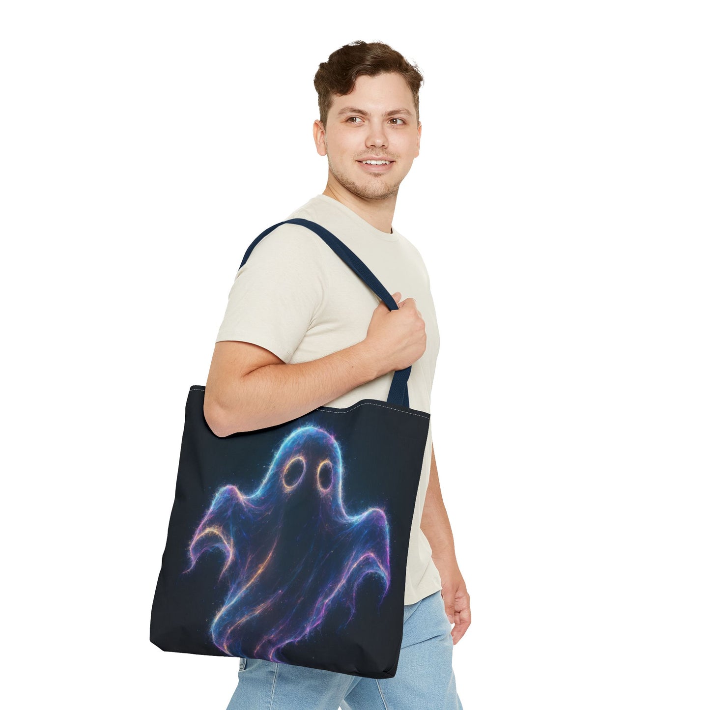 Neon Ghost Tote Bag, Spooky Halloween Canvas Tote, Glowing Cosmic Ghost Design Bag, Reusable Trick Or Treat Tote, Gothic Gift Accessory
