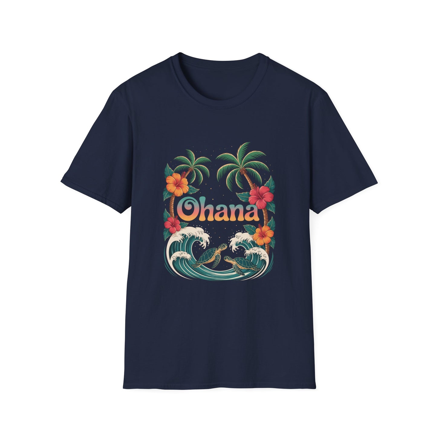 Ohana Shirt - Retro Hawaiian Sea Turtle & Palm Tree Graphic Tee - Tropical Beach Family Gift, Summer Vacation Aesthetic T-Shirt
