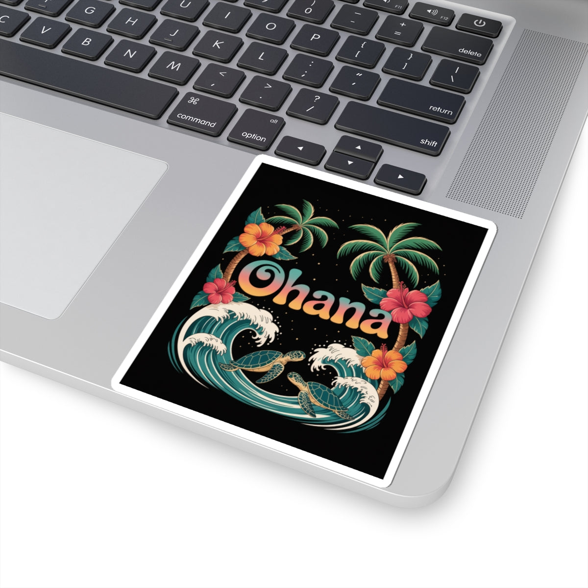 Ohana Sticker – Retro Hawaiian Sea Turtle Decal with Palm Trees & Waves – Waterproof Vinyl Laptop or Water Bottle Tropical Gift