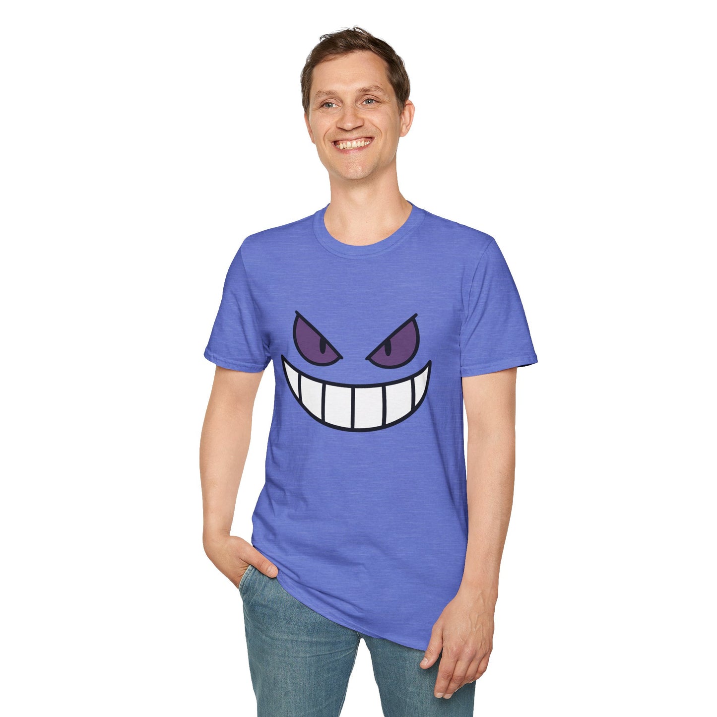 Mischievous Shadow Face Tee - Purple Eyes and Big Grin Graphic Shirt | Spooky Cute Gift, Retro Gaming Vibe, Funny Halloween Unisex Top