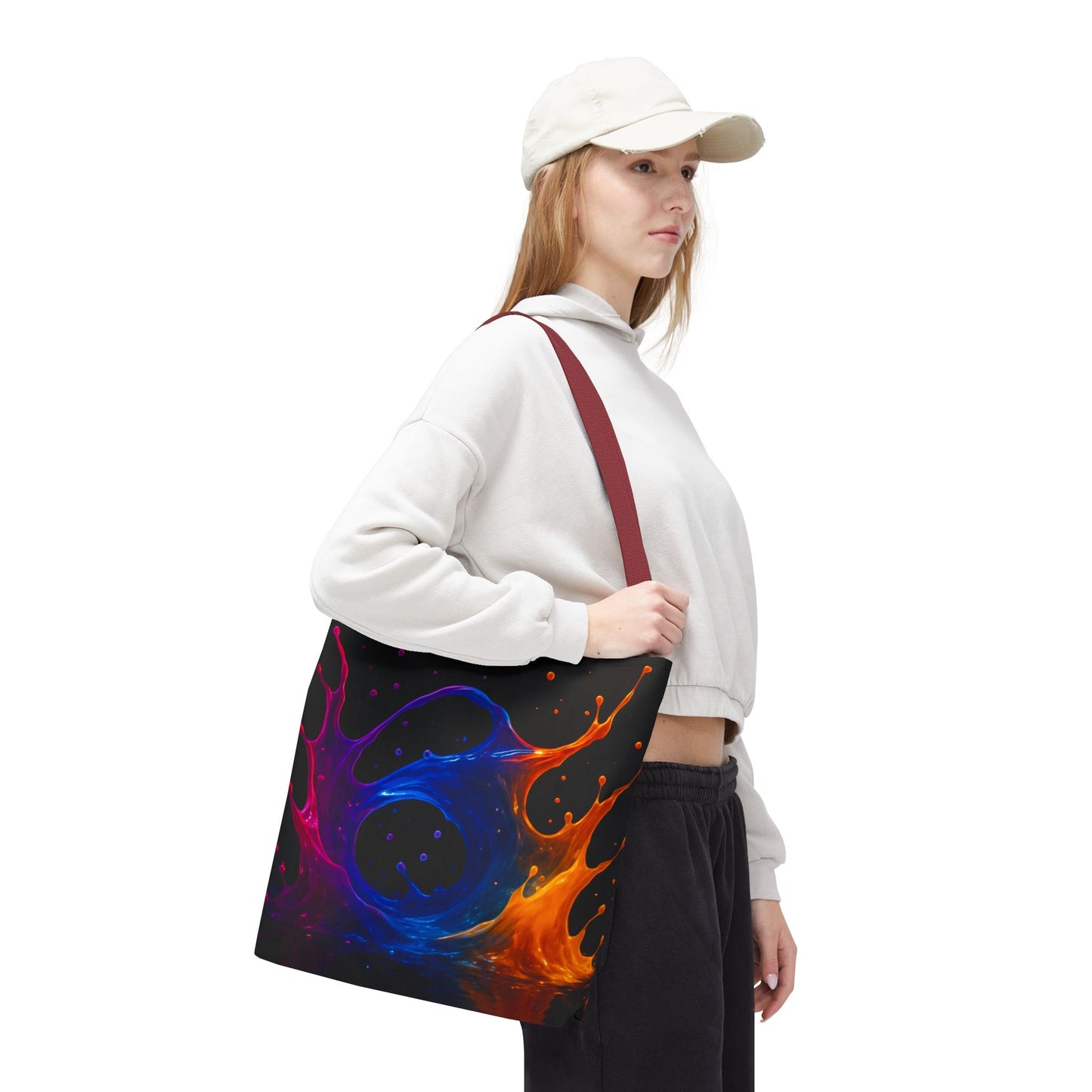 Elemental Fusion Tote Bag, Fire And Water Abstract Art Design, Vibrant Blue And Orange Splash Reusable Tote For Artists, Travel, And Everyday Use
