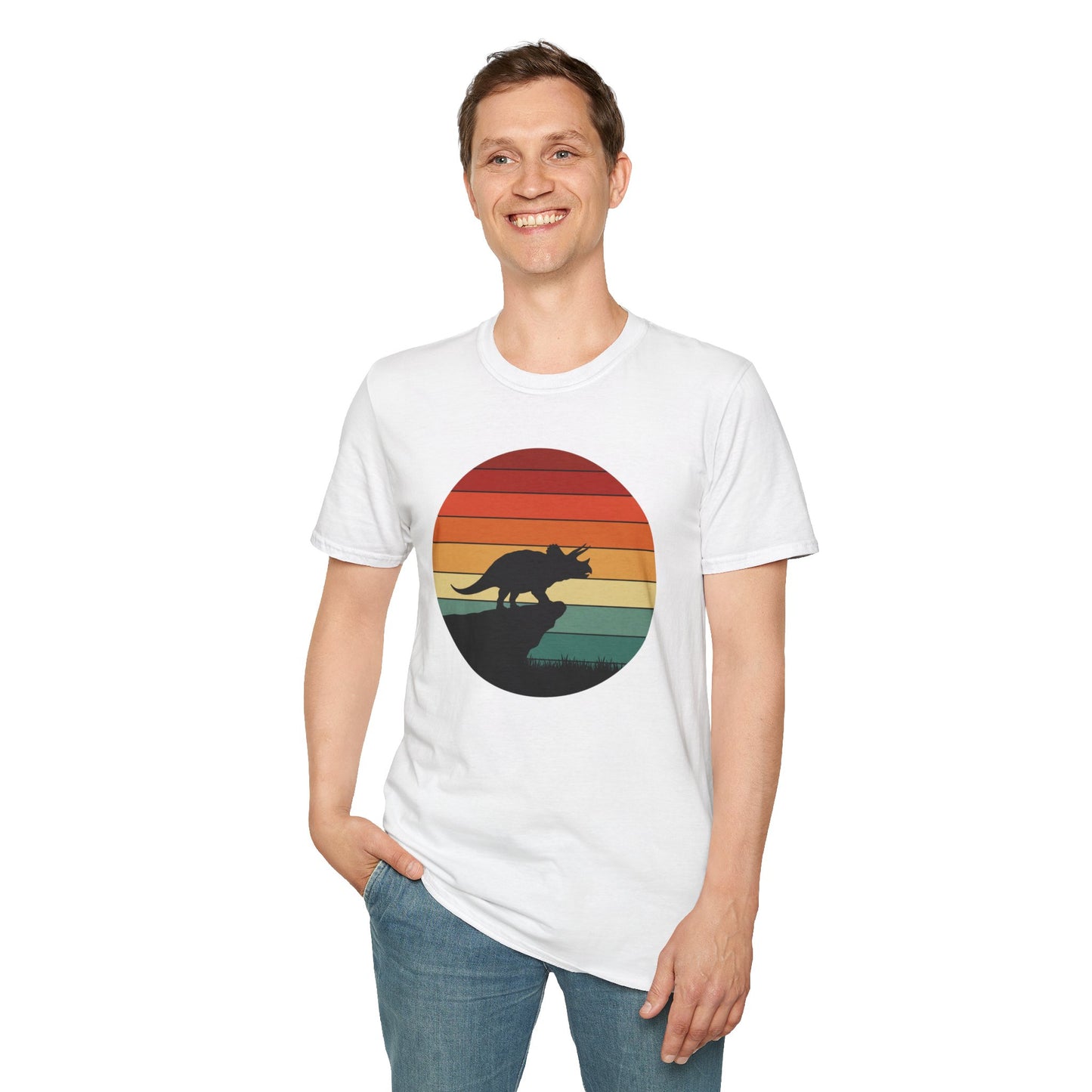 Retro Triceratops Sunset T-Shirt - Vintage Dino Graphic Tee - Unisex Softstyle Dinosaur Shirt - Nature and Prehistoric Lover Gift