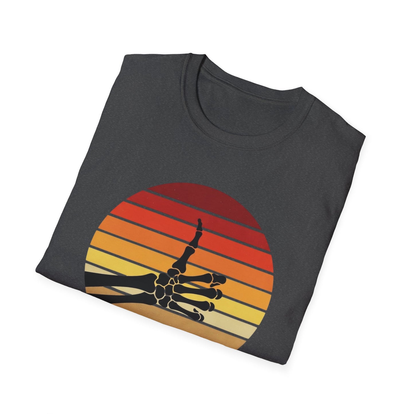 Skeleton Hand Rock On Shirt - Retro Sunset Halloween T-Shirt, Spooky Skeleton Finger Tee, Vintage 70s Style Goth Shirt, Unisex Sizes