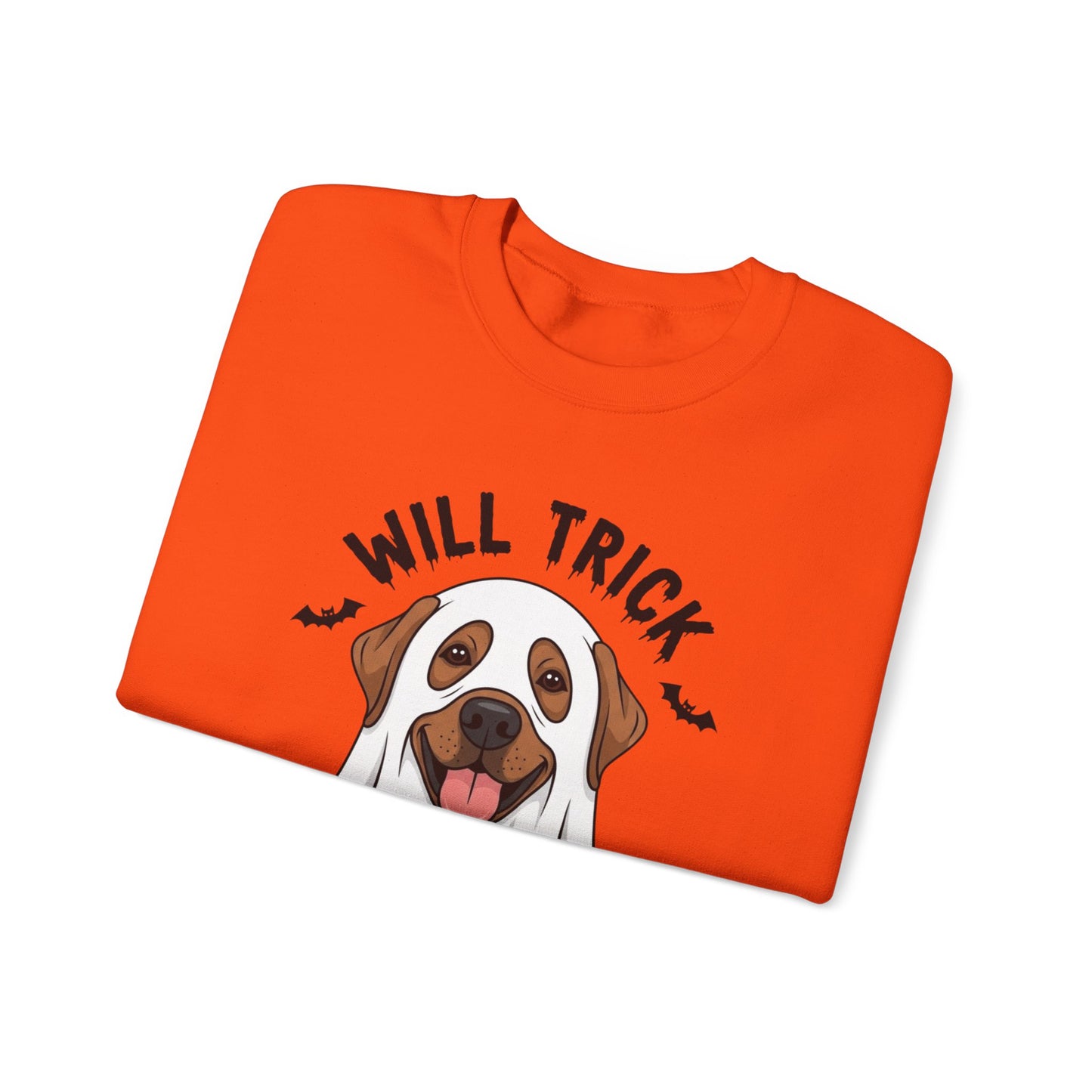 Will Trick for Treat Sweatshirt, Ghost Dog Halloween Crewneck, Funny Pet Costume Graphic Pullover, Trick-or-Treat Dog Lover Gift Sweater
