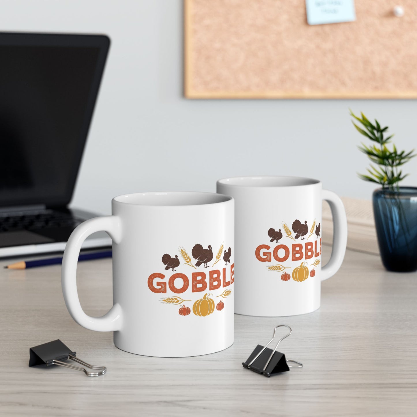 Gobble Thanksgiving Mug, Fall Turkey Coffee Cup With Pumpkins And Harvest Design, Festive Autumn Ceramic Mug For Holiday Decor And Gifts