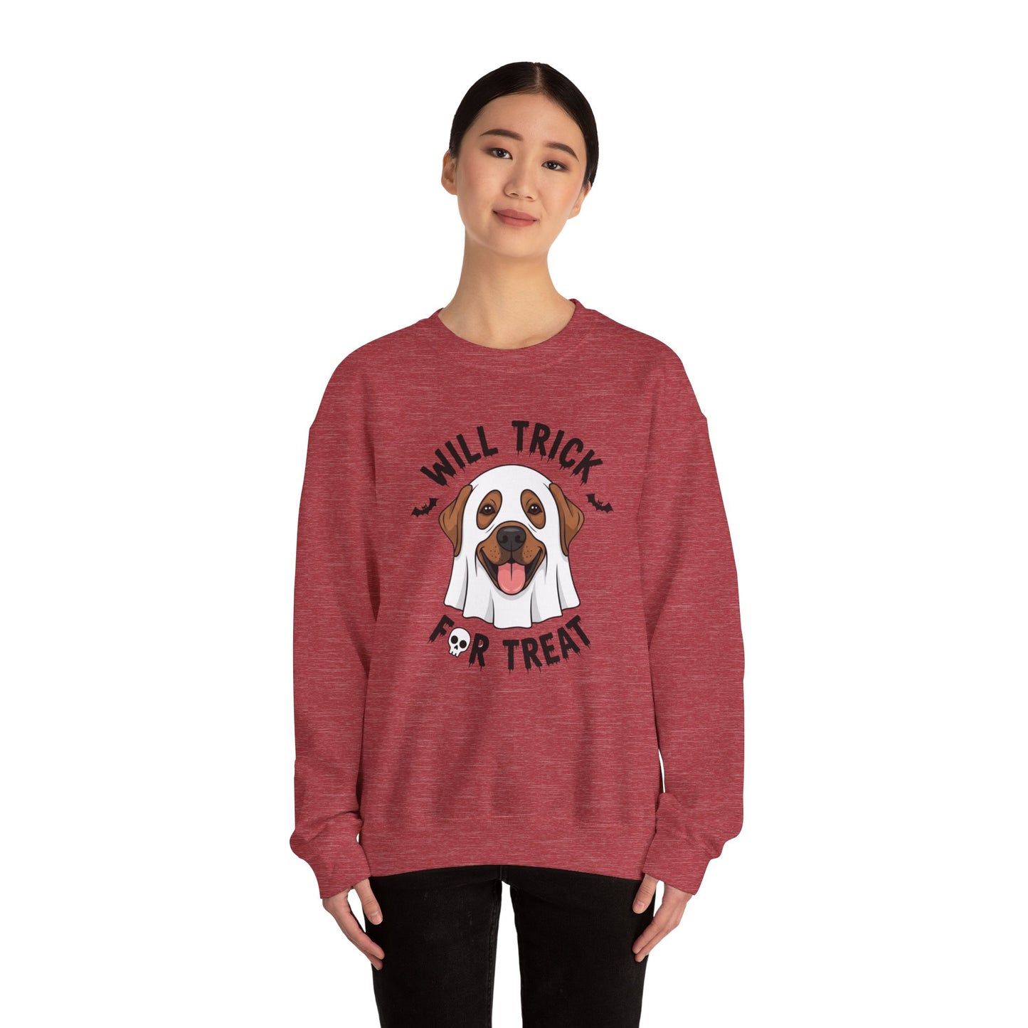 Will Trick for Treat Sweatshirt, Ghost Dog Halloween Crewneck, Funny Pet Costume Graphic Pullover, Trick-or-Treat Dog Lover Gift Sweater