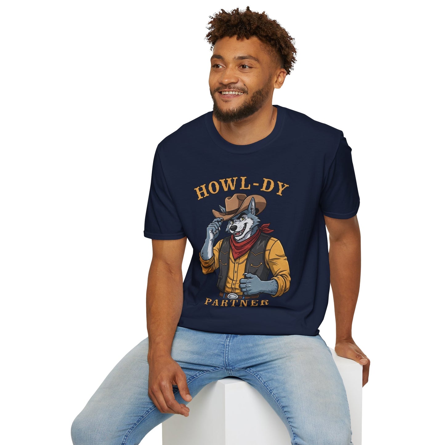 Howl-dy Partner Wolf Cowboy T-Shirt | Western Howling Wolf Graphic Tee, Funny Animal Shirt, Cowboy Gifts, Rustic Country Tee