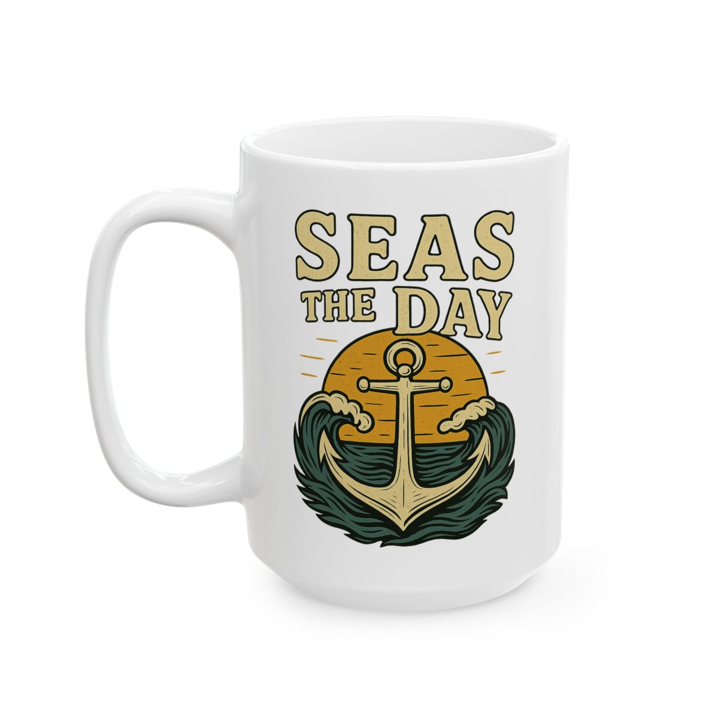 Seas the Day Coffee Mug – Nautical Anchor Ocean Sunset Cup, Funny Motivational Gift for Coffee Lovers, Sailors & Beach Vibes