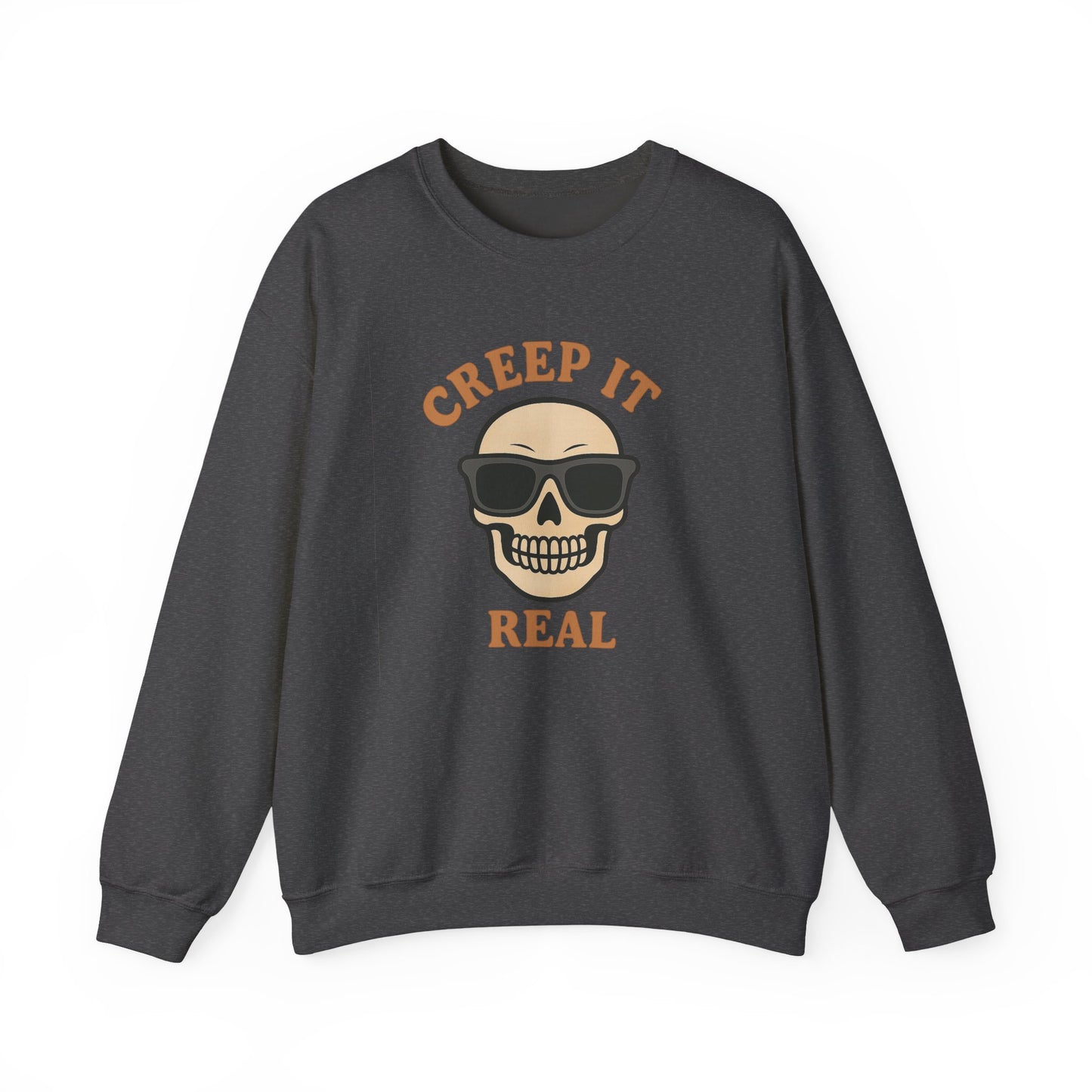 Creep It Real Skull Sweatshirt, Funny Halloween Skull Crewneck, Spooky Skeleton Pullover, Dark Graphic Sweatshirt, Unisex Halloween Gift