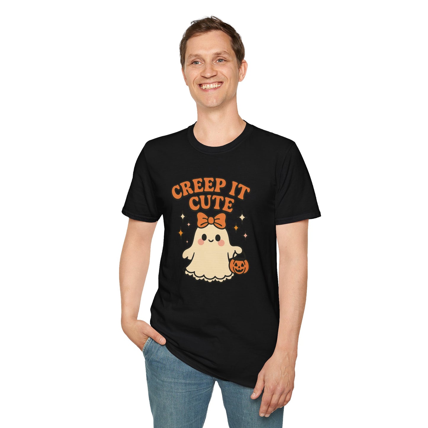 Creep It Cute Ghost Halloween Shirt - Kawaii Ghost Tee with Bow and Pumpkin, Spooky-Cute Fall Graphic T-Shirt, Spooky Season Halloween Top