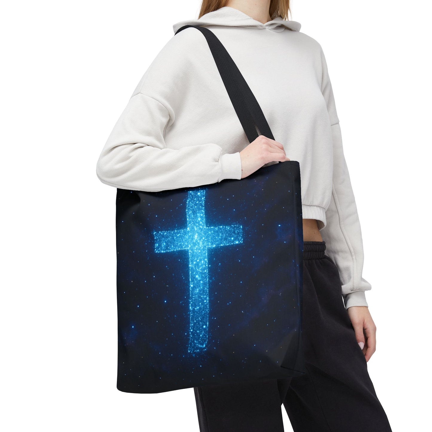 Sparkling Cross Tote Bag - Inspirational Blue Cosmic Bag Christian Tote Spiritual Bag Inspirational Tote Bag