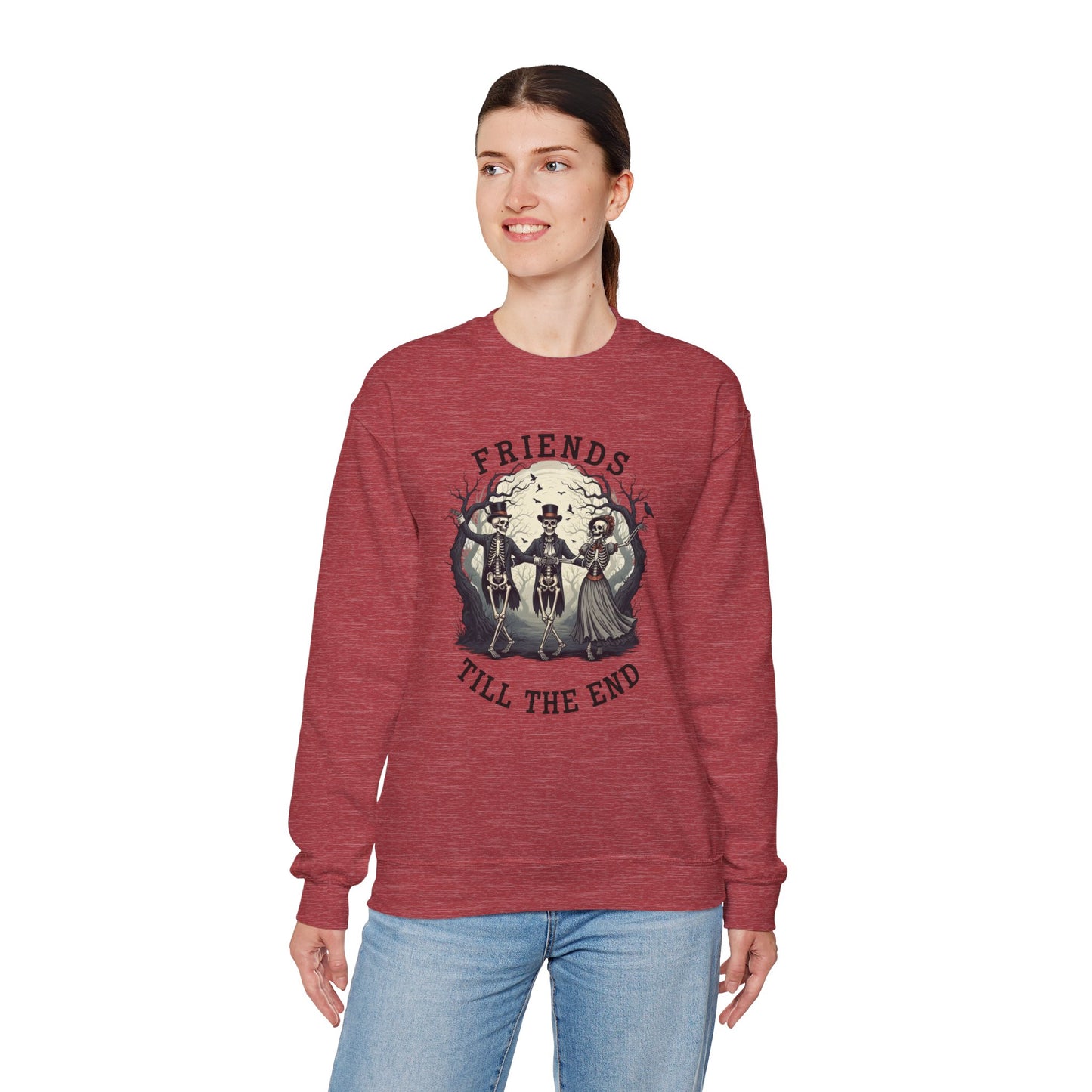 Friends Till The End Skeleton Sweatshirt | Dancing Skeletons Halloween Crewneck | Spooky Fall Graphic Pullover Gift for Bestie